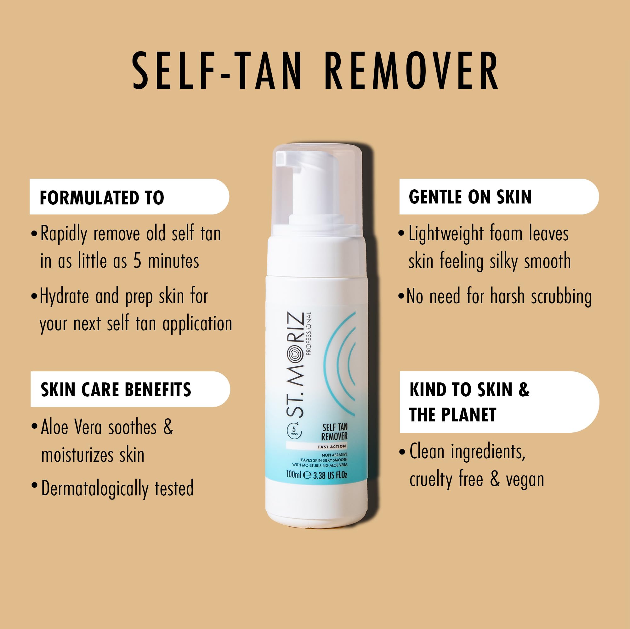 St. Moriz Professional Selbstbräunungsentferner-Schaum | Entfernt alte Selbstbräune in 5 Minuten | Mit Aloe Vera für Feuchtigkeit und Pflege der Haut | Schneller Selbstbräunungsentferner | 100 ml