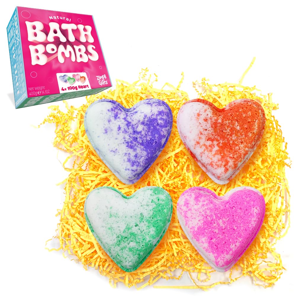 ZIMPLI 4 x Large UK Made Love Heart Bath Bombs Gift Set for Her, Women, Girlfriend