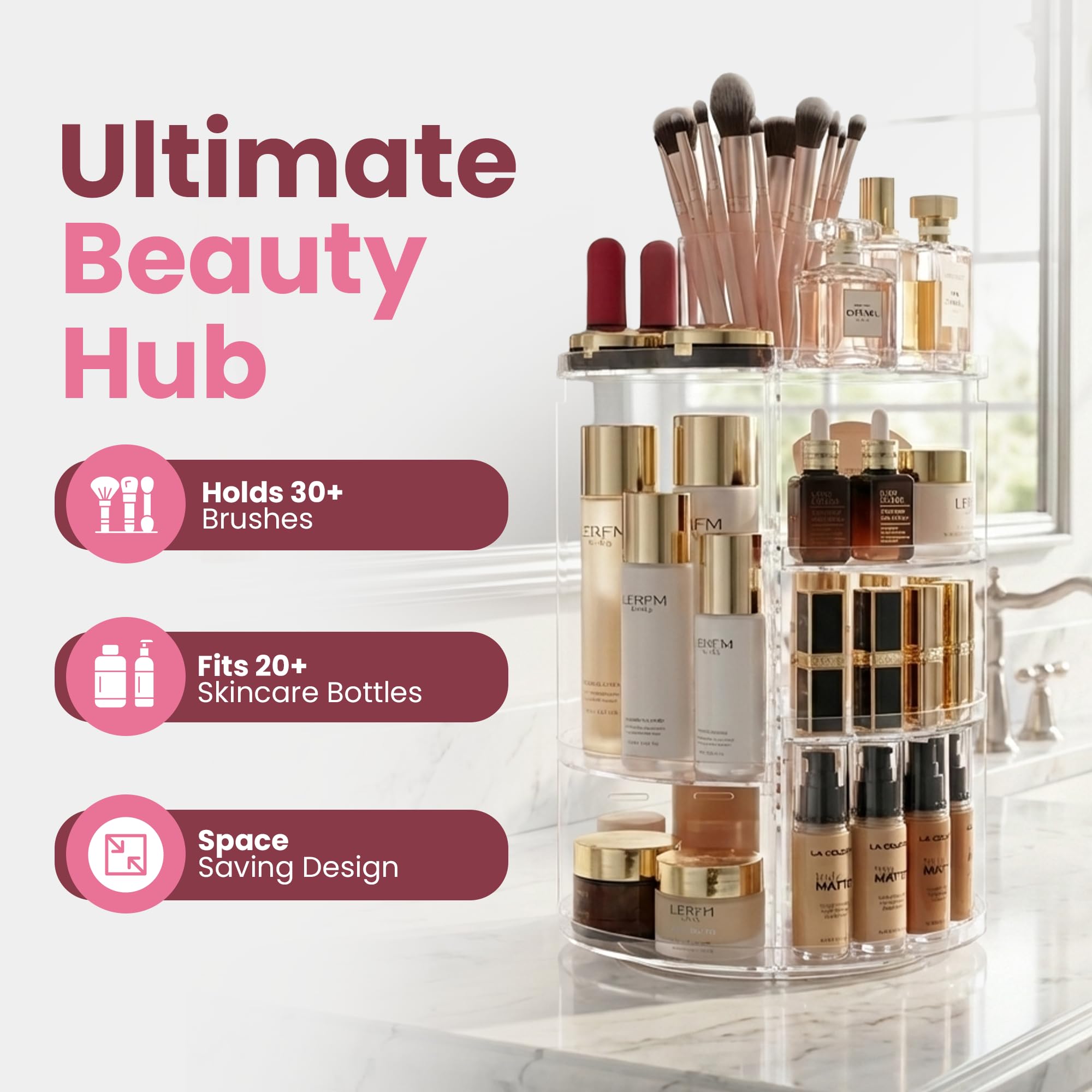 Masirs 360 Rotating Makeup Organizer with Adjustable Shelf Height