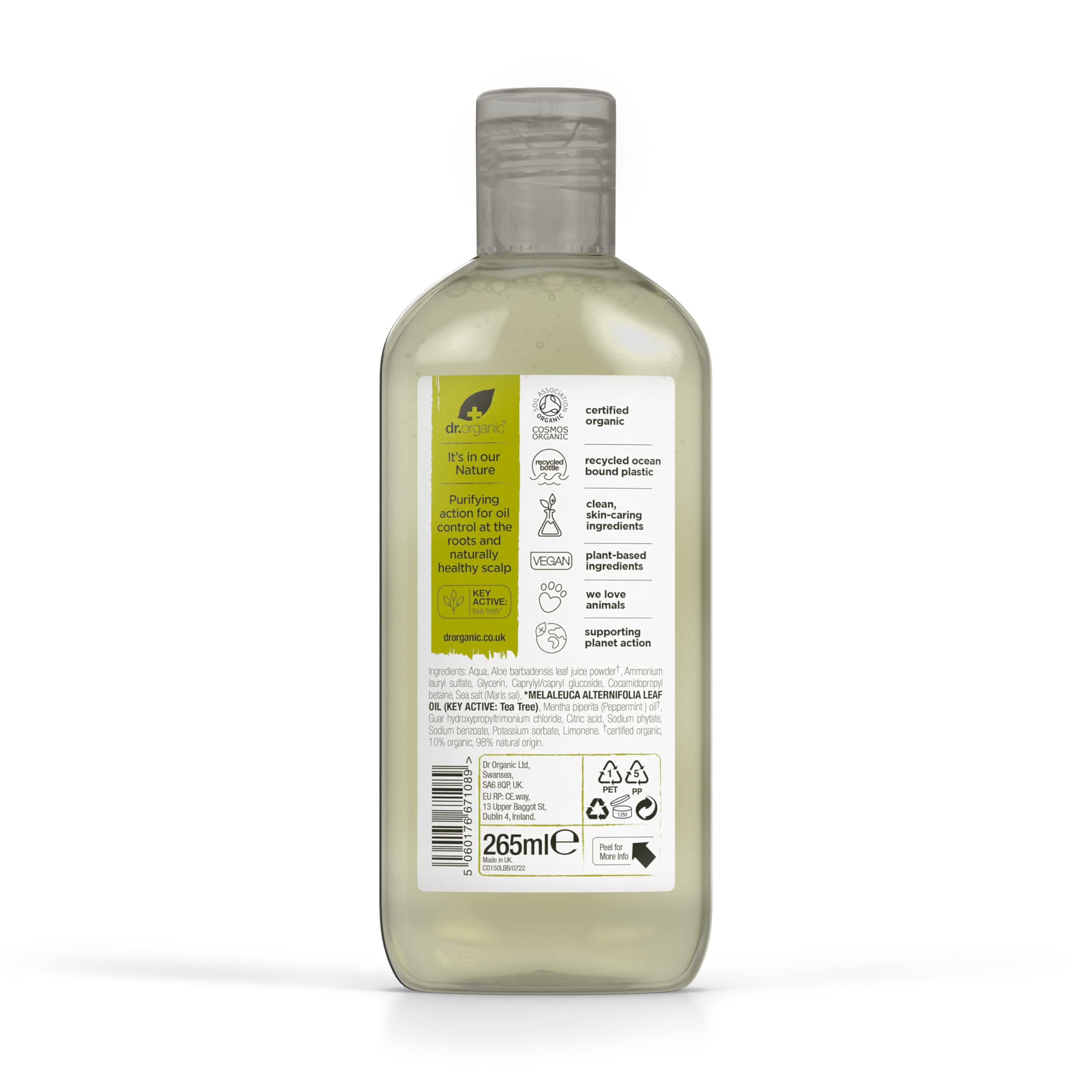 Dr. Organic Teebaum-Shampoo &amp; Spülung Set mit Reisetasche, reinigend, für fettiges Haar, natürlich, vegan, tierversuchsfrei, ohne Parabene und SLS, recycelbar und aus recyceltem, aus dem Meer stammendem Kunststoff, Bio, 265 ml 7