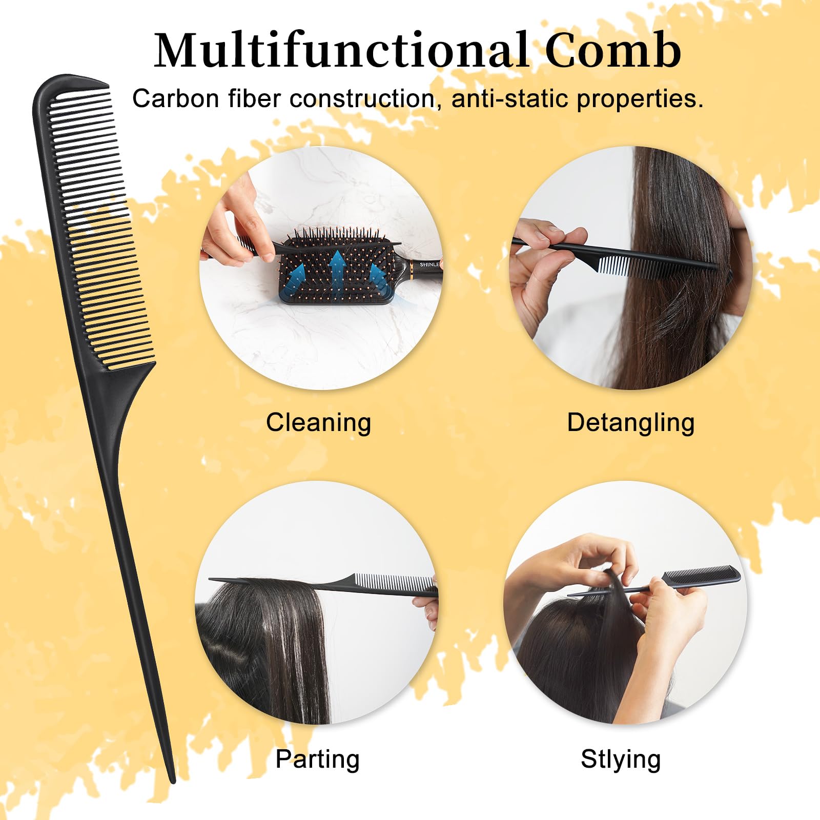 SHINLEA Detangler Hair Brush Set with Paddle Cushion Brush and Tail Comb 3