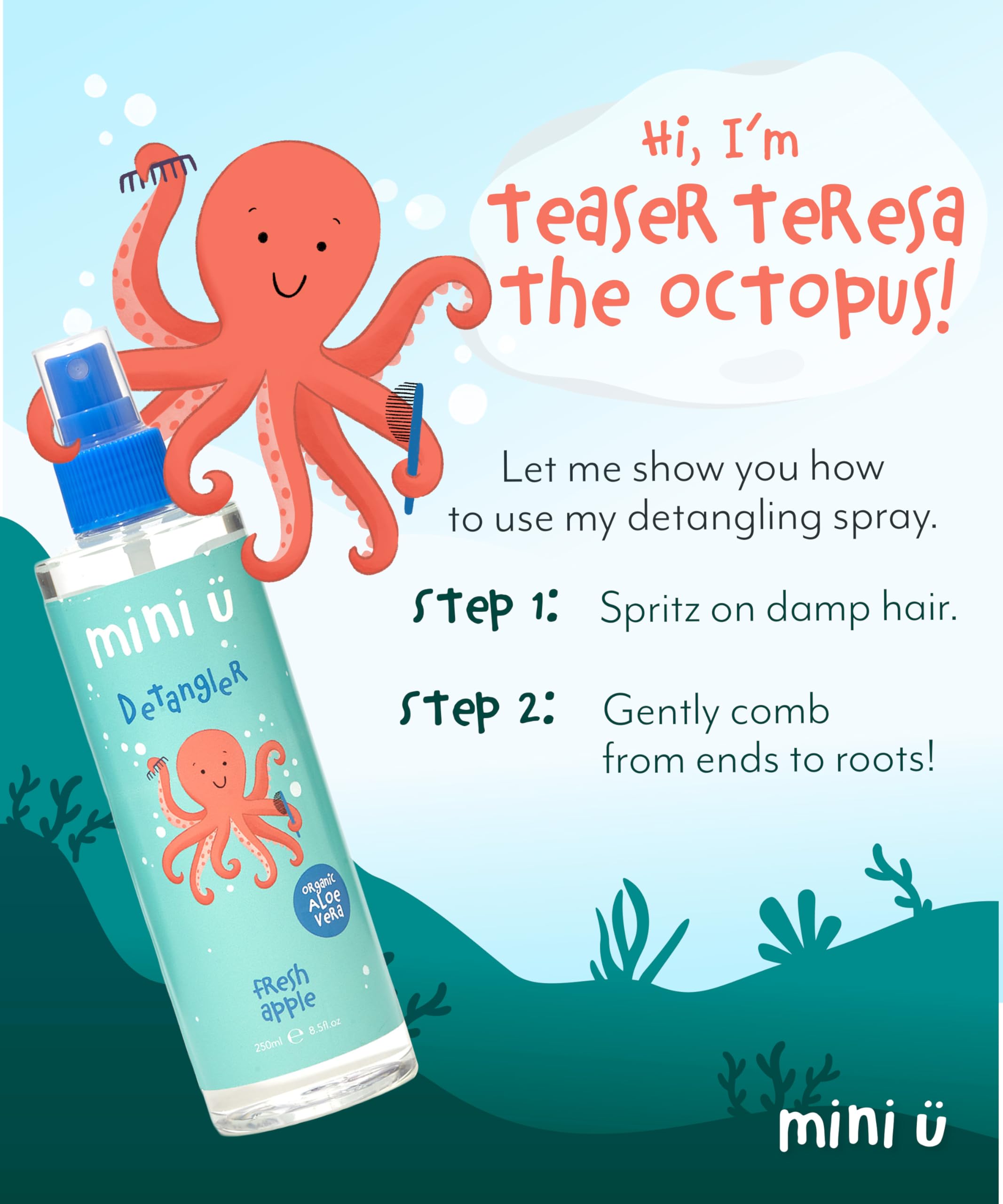 Mini U Kids Detangler Spray with Aloe Vera Juice - Fresh Apple Scented Hair Care 6