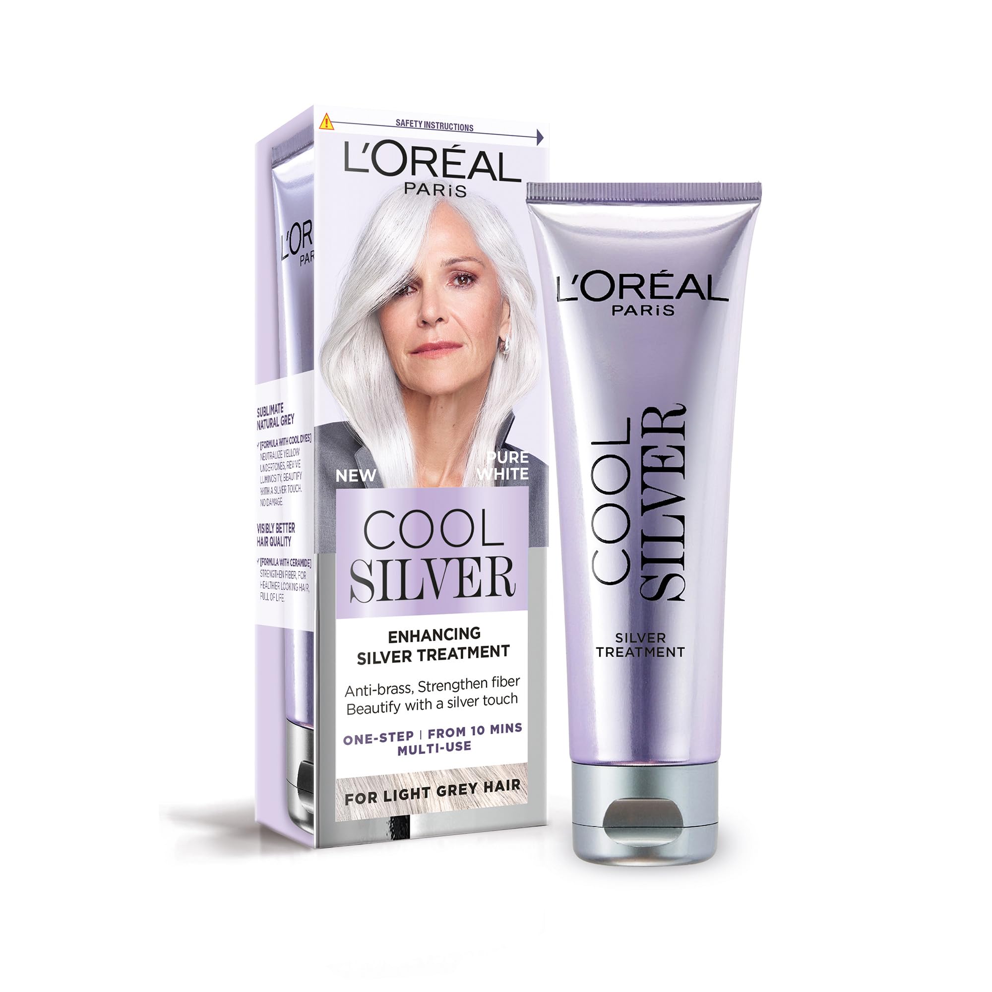 L'Oréal Paris Cool Silver Pure White, unsere erste Farbauffrischungskur für natürlich graues Haar, semi-permanente Farbe, angereichert mit kühlenden Farbstoffen und Ceramiden
