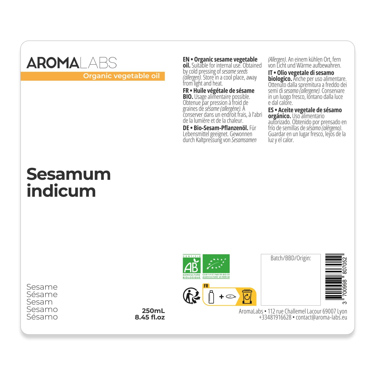 Aroma Labs Organic 100% Pure Sesame Seed Oil, Cold Pressed, 250mL