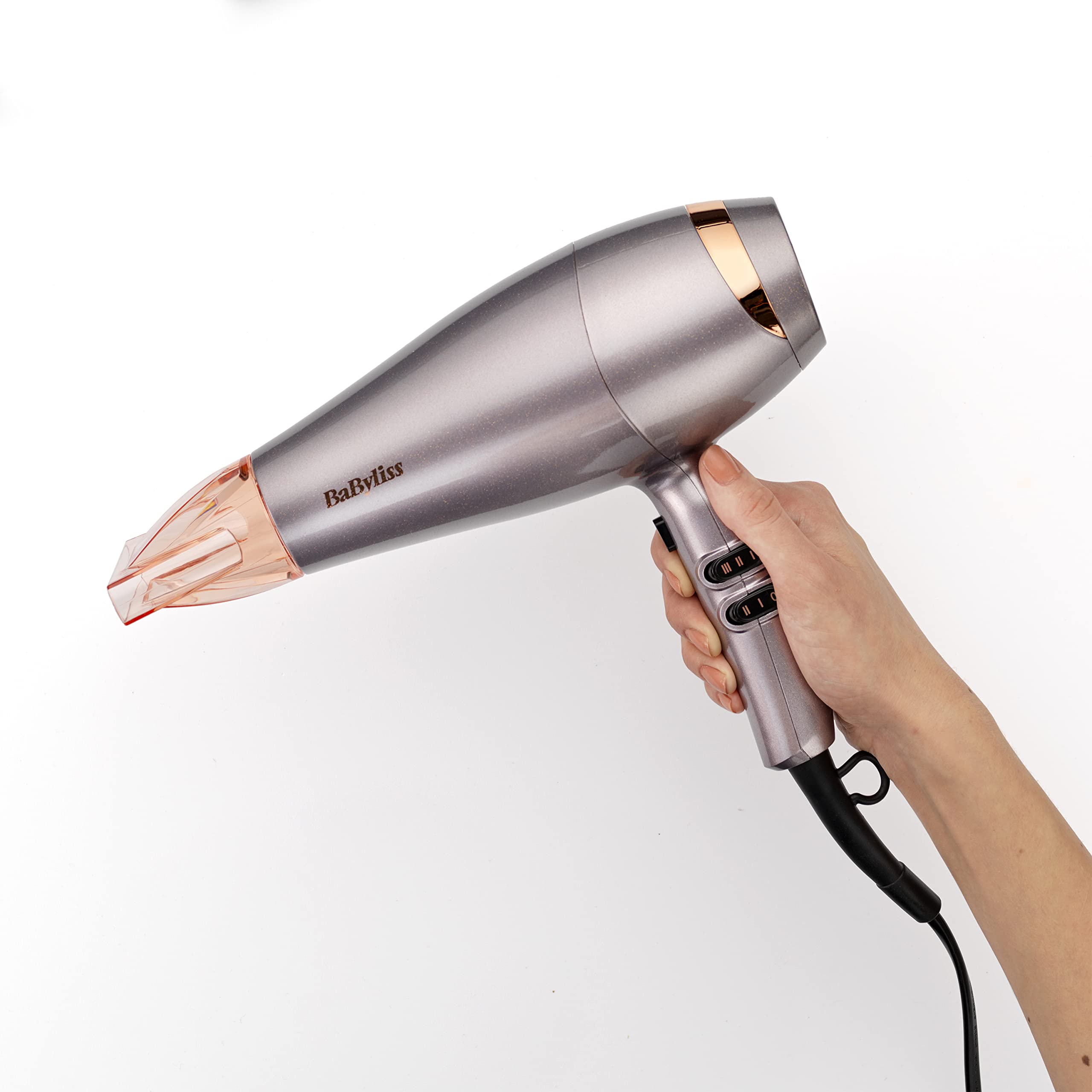 BaByliss Shimmer Haartrockner – 2100 W Professioneller Ionen-Haartrockner, leichter Reisehaartrockner, schnelltrocknender Keramik-Haartrockner, 3 Heiz- und 2 Gebläsestufen, Silber, 5336BU 6