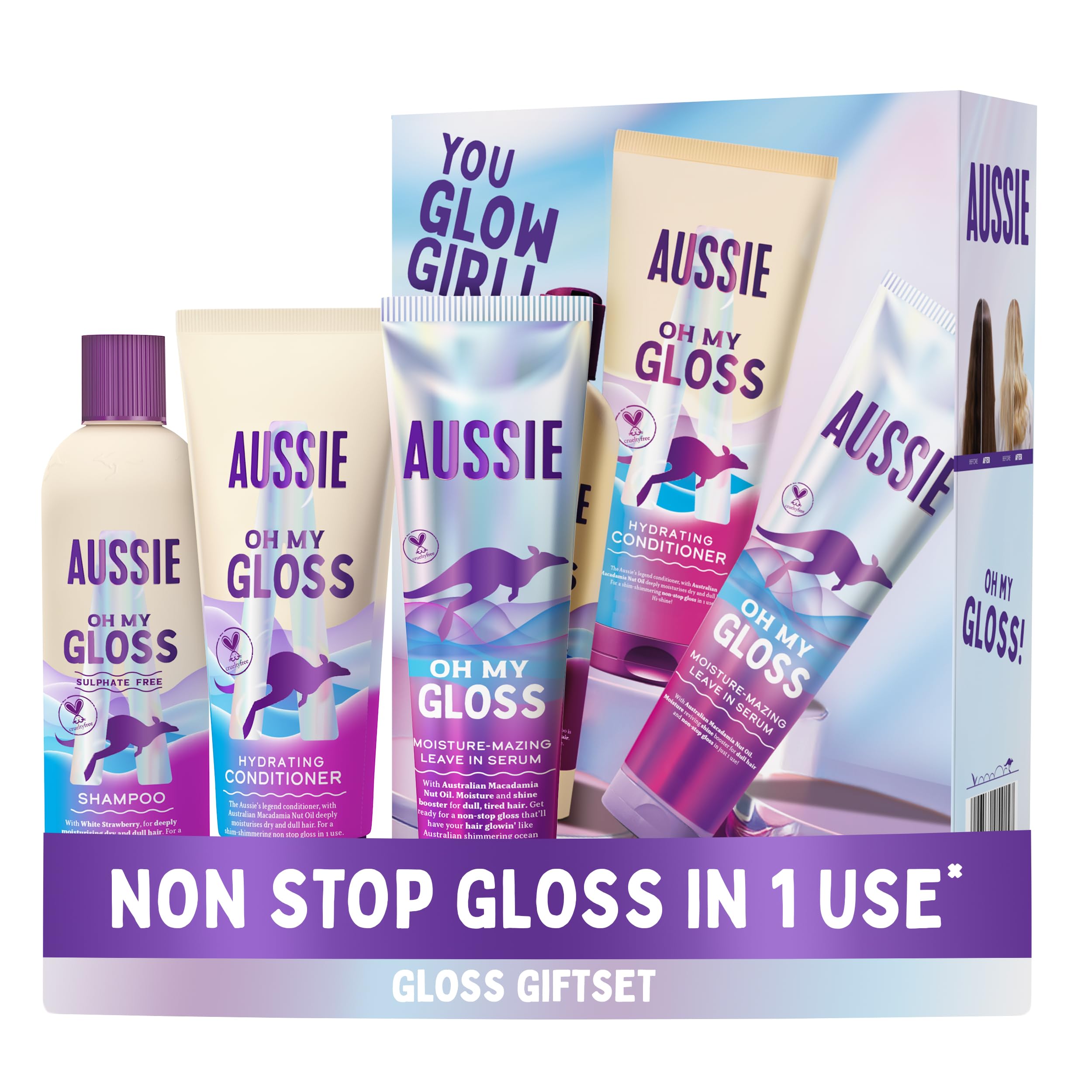 Aussie Oh My Gloss Feuchtigkeits-Geschenkset: Shampoo 300 ml, Spülung 200 ml, leichtes Leave-in-Serum 160 ml. Feuchtigkeits- und Glanzbooster für stumpfes, trockenes Haar. Mit Jojoba-, Distel- und Macadamianussöl.