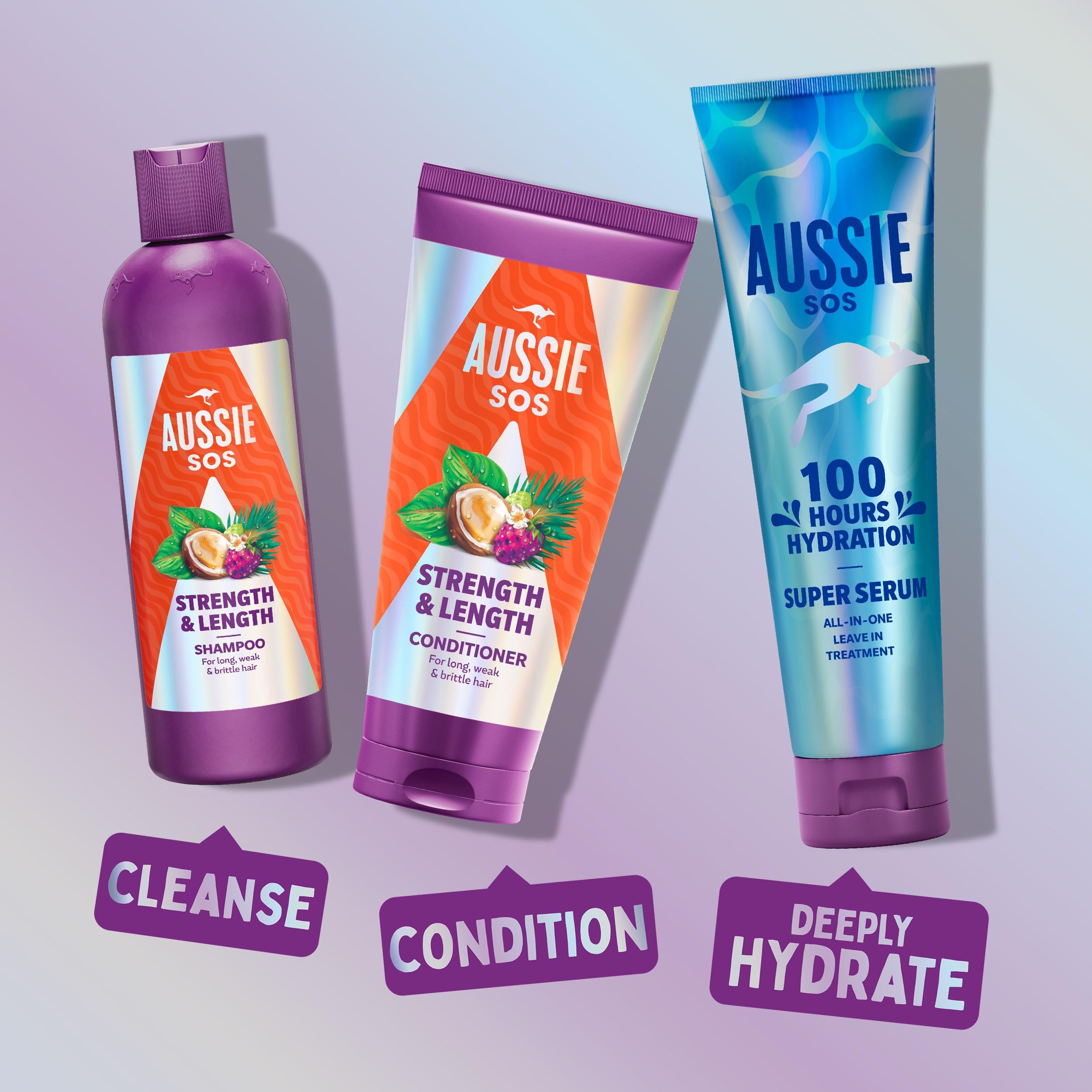 Aussie Strength & Length Shampoo, Conditioner & Super Serum Leave-In Treatment Set 6