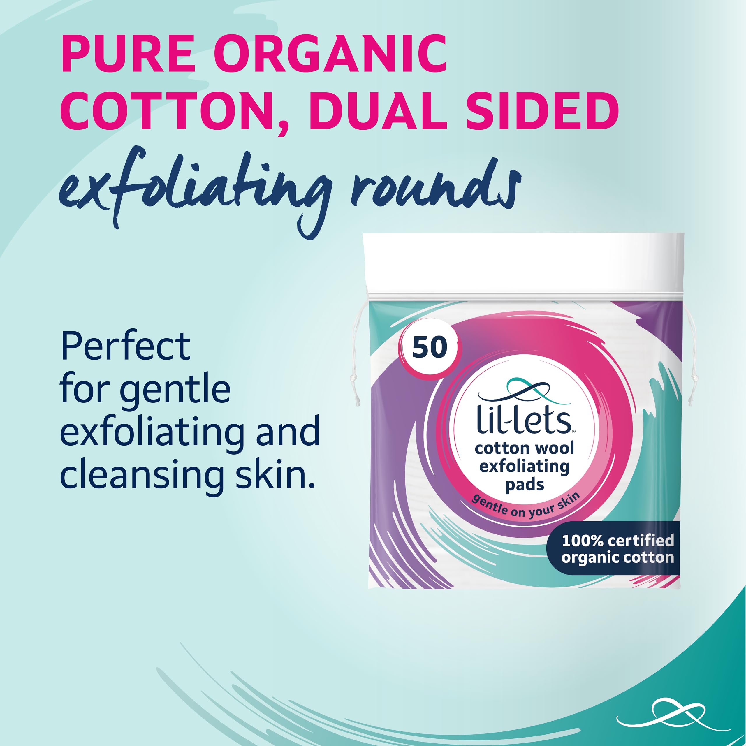 Lil-Lets 50 Count Organic Cotton Exfoliating Rounds - Dual-Sided Gentle Exfoliation