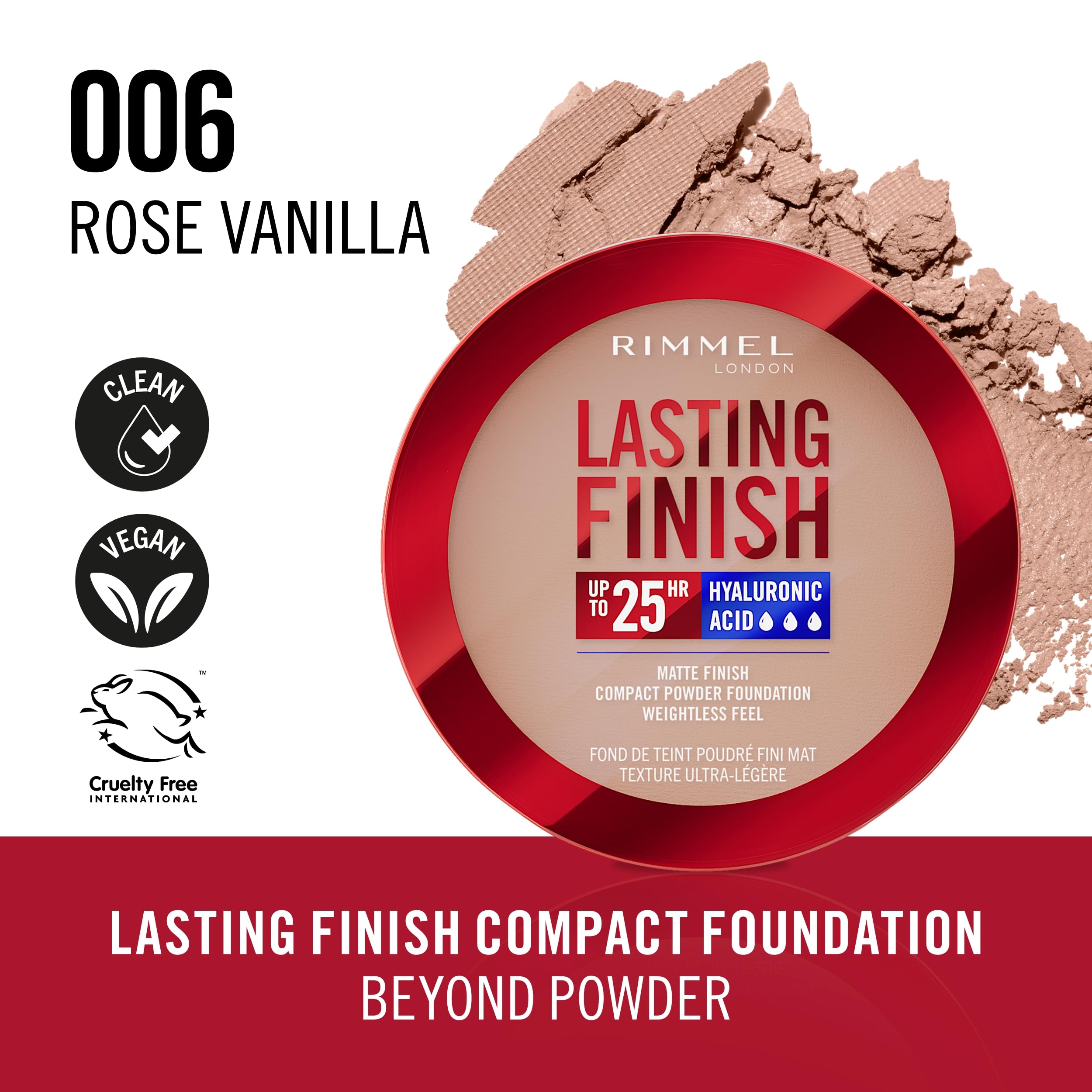 Rimmel Lasting Finish 25 HR Compact Foundation 006 Rose Vanilla - Matte, Buildable Coverage, SPF 20