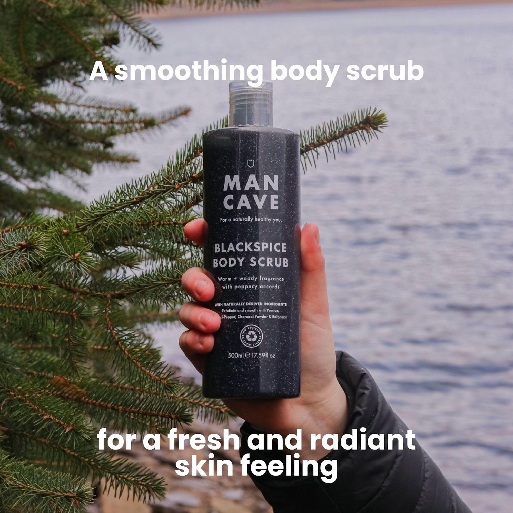 ManCave Blackspice Body Scrub for Men, 500ml - Exfoliates with Pumice & Charcoal, Vegan Friendly