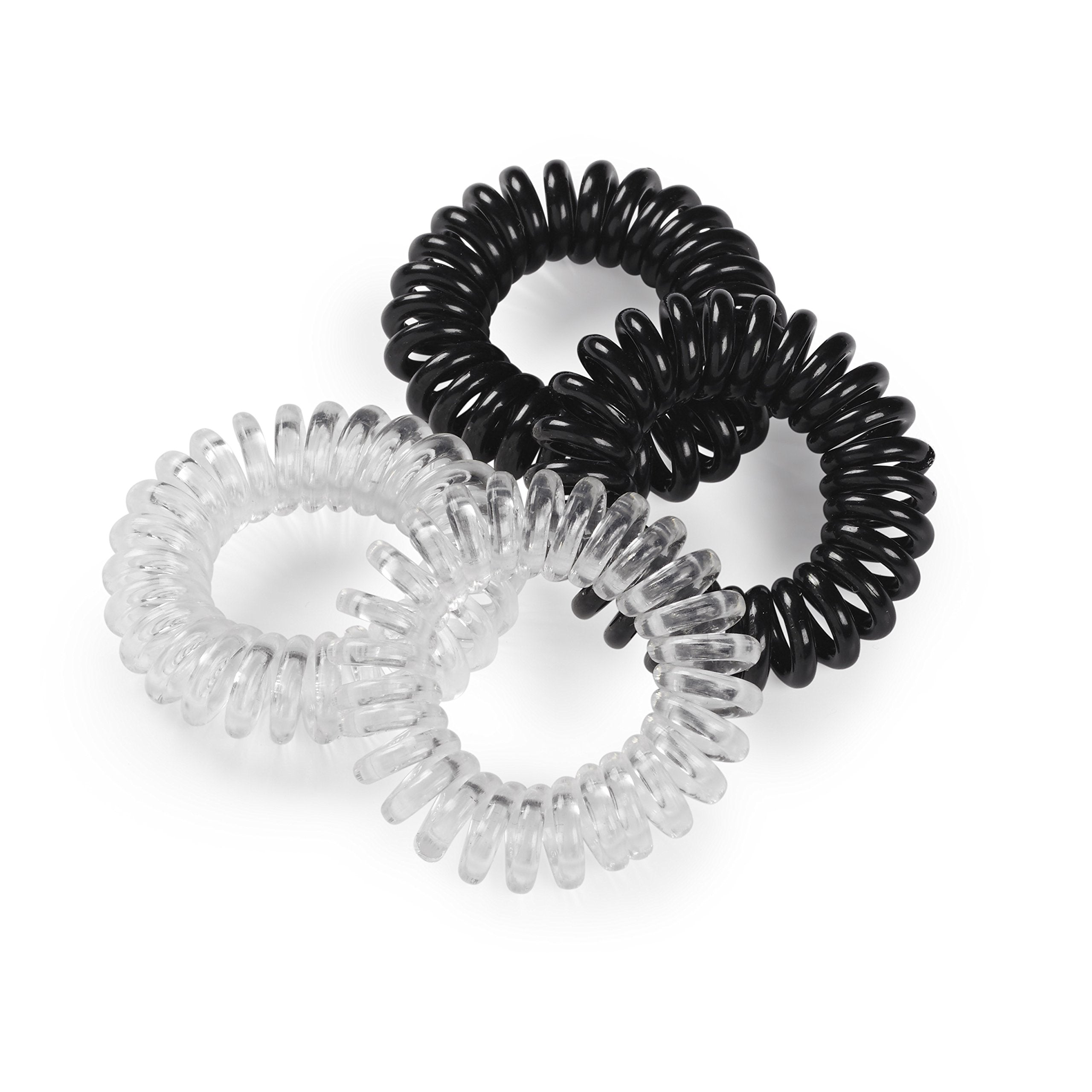 Manicare 4 Pack Spiral Hair Bands - Black & Clear, No Damage, Crease & Kink Free