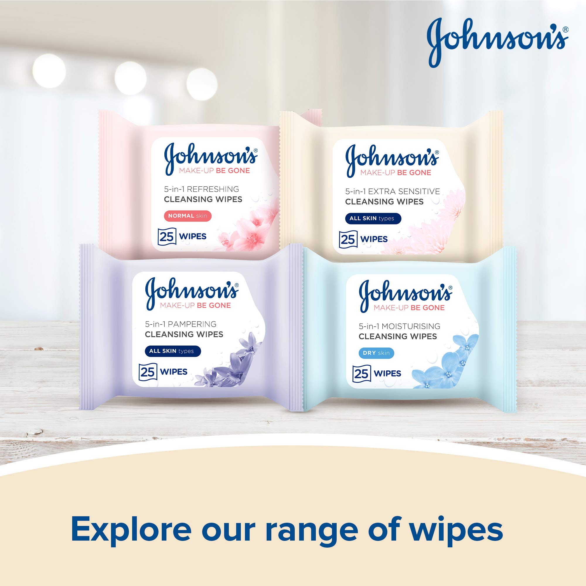 Johnson's Make-Up Be Gone 5-in-1 Extra-Sensitive Cleansing Wipes with Aloe Vera & Pro-Vitamin B5 7