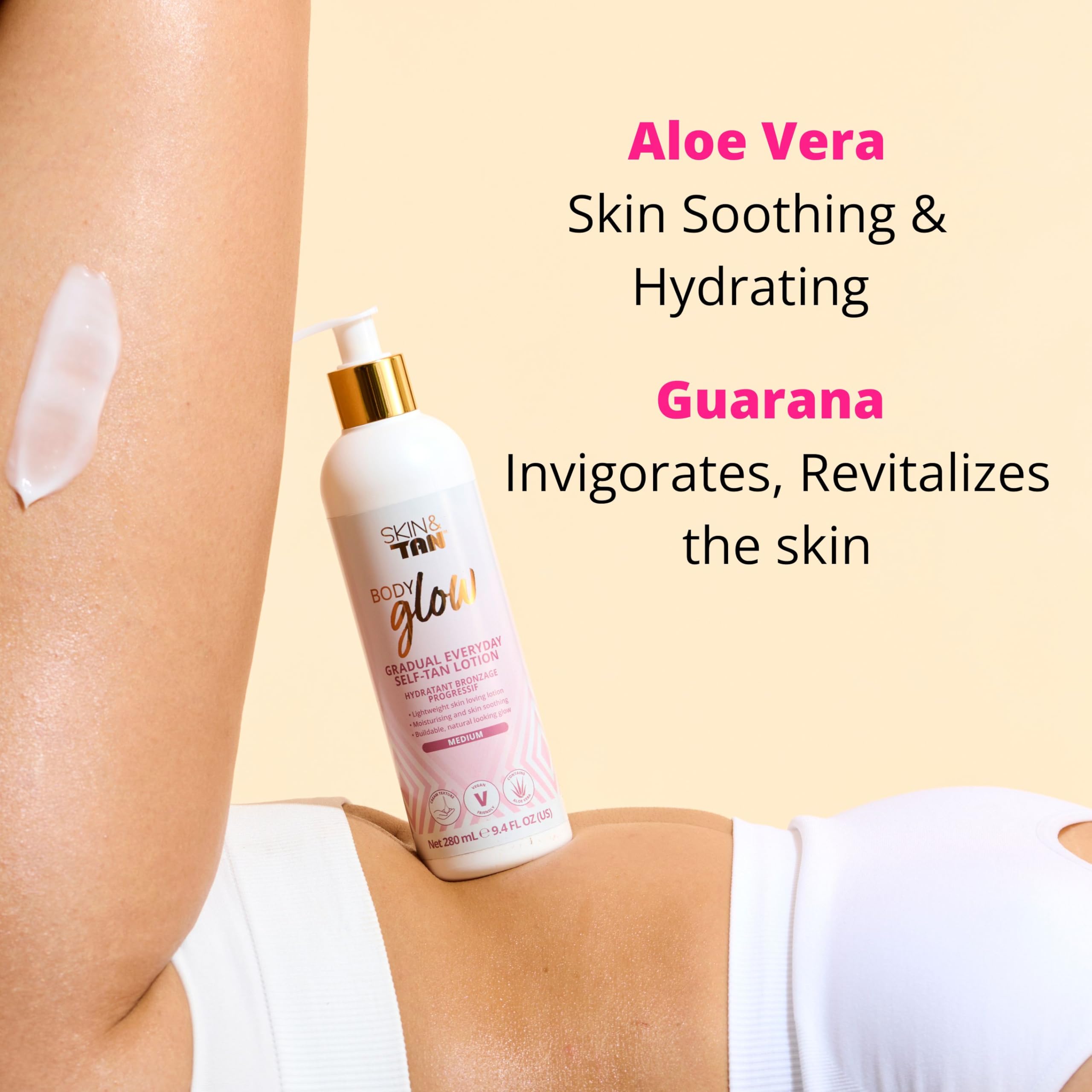 Skinny Tan Body Glow Feuchtigkeitsspendende Bräunungslotion – Selbstbräunungslotion, tierversuchsfrei, parabenfrei &amp; vegan, mit Kokos- und Vanilleduft, 280 ml 5