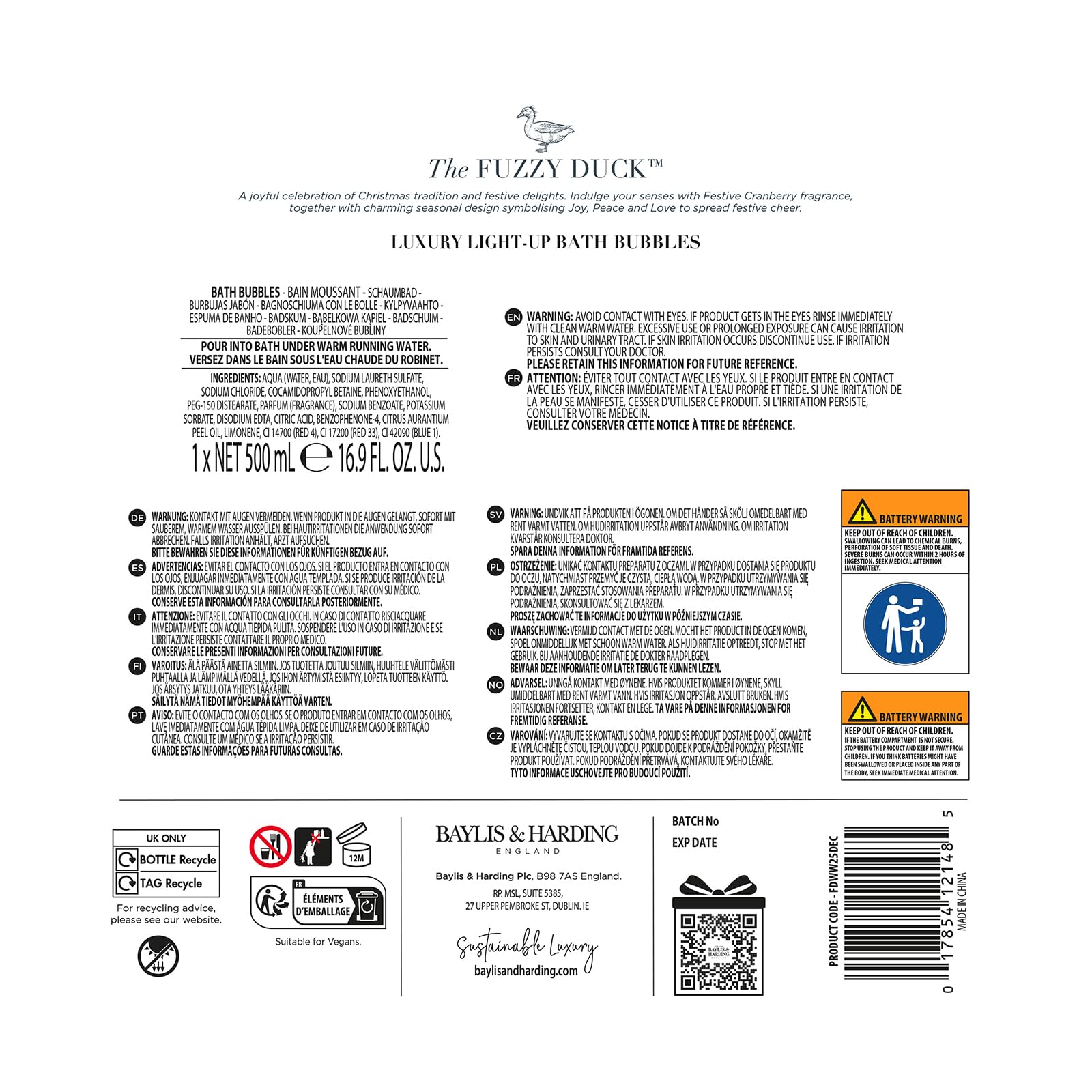 Baylis & Harding Fuzzy Duck Winter Wonderland Light Up Bath Bubbles Decanter 500ml 7