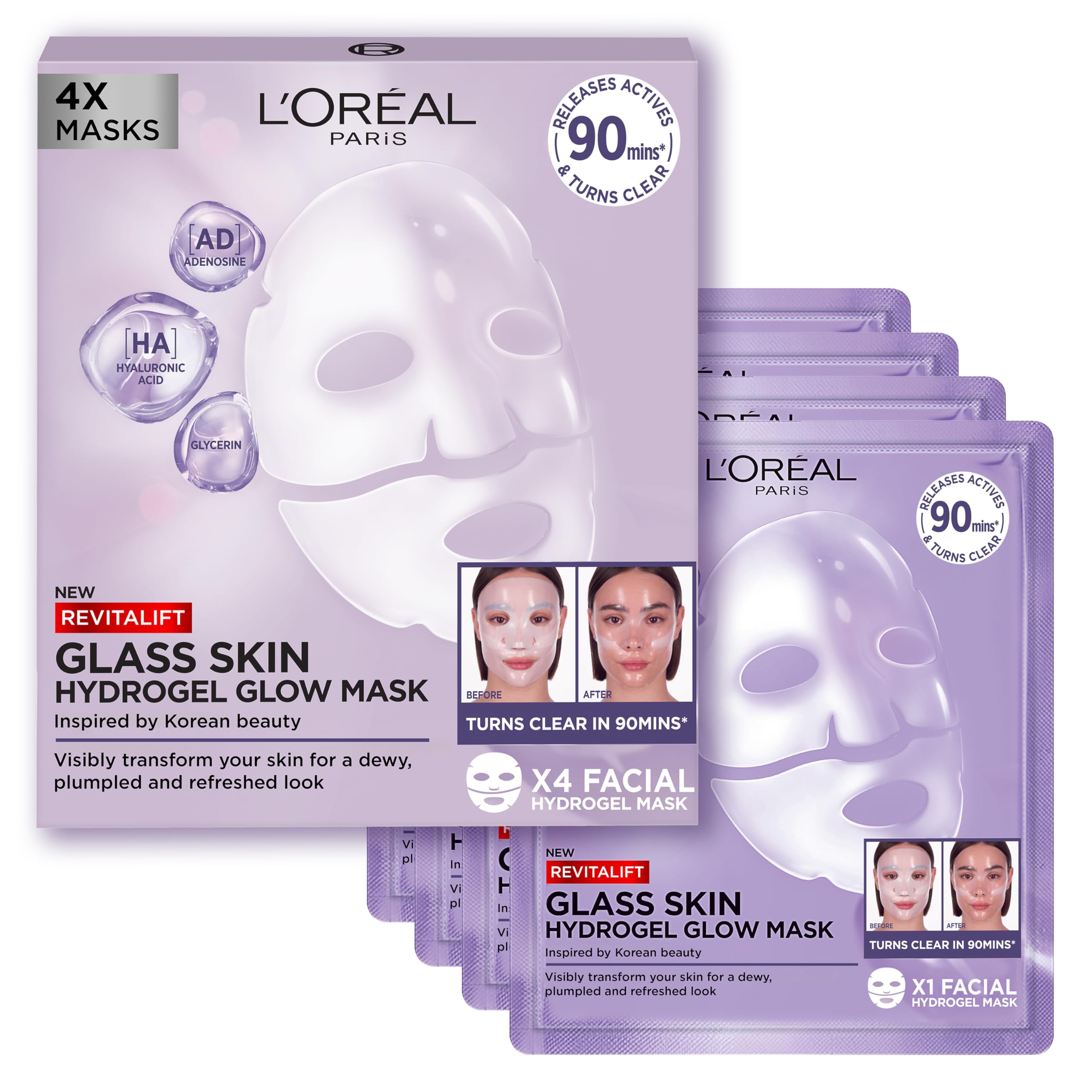 L'Oreal Paris Revitalift Filler Hydrogel Glow Mask 4 Pack for Glass Skin
