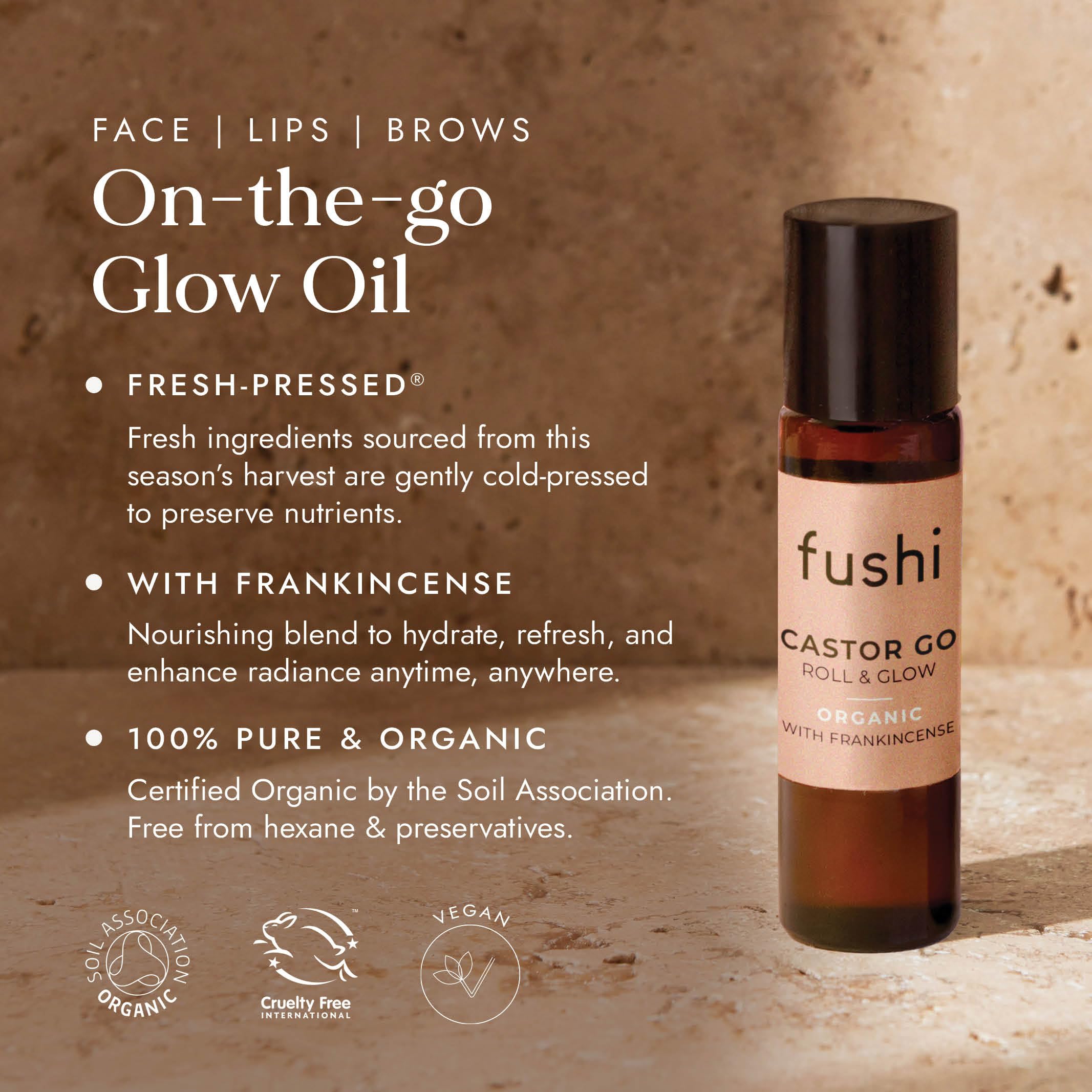 Fushi Bio-Rizinusöl 10 ml Roll &amp; Glow, 100 % rein, kaltgepresst, für trockene Haut, Wimpern und Augenbrauen – praktische Größe für unterwegs, hexanfrei, natürlich, lebensmittelecht 5