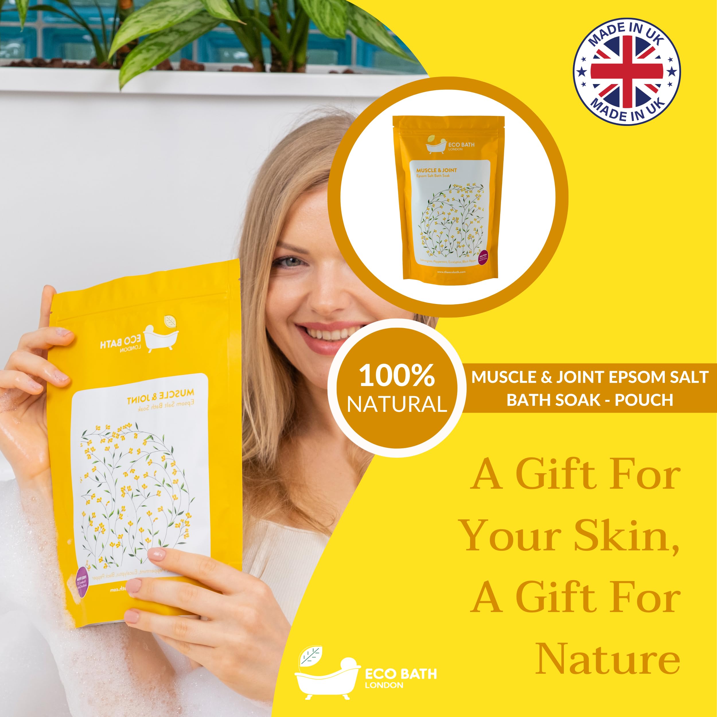 Eco Bath London Muscle & Joint Epsom Salt Bath Soak Pouch 1kg, Rich in Magnesium 6