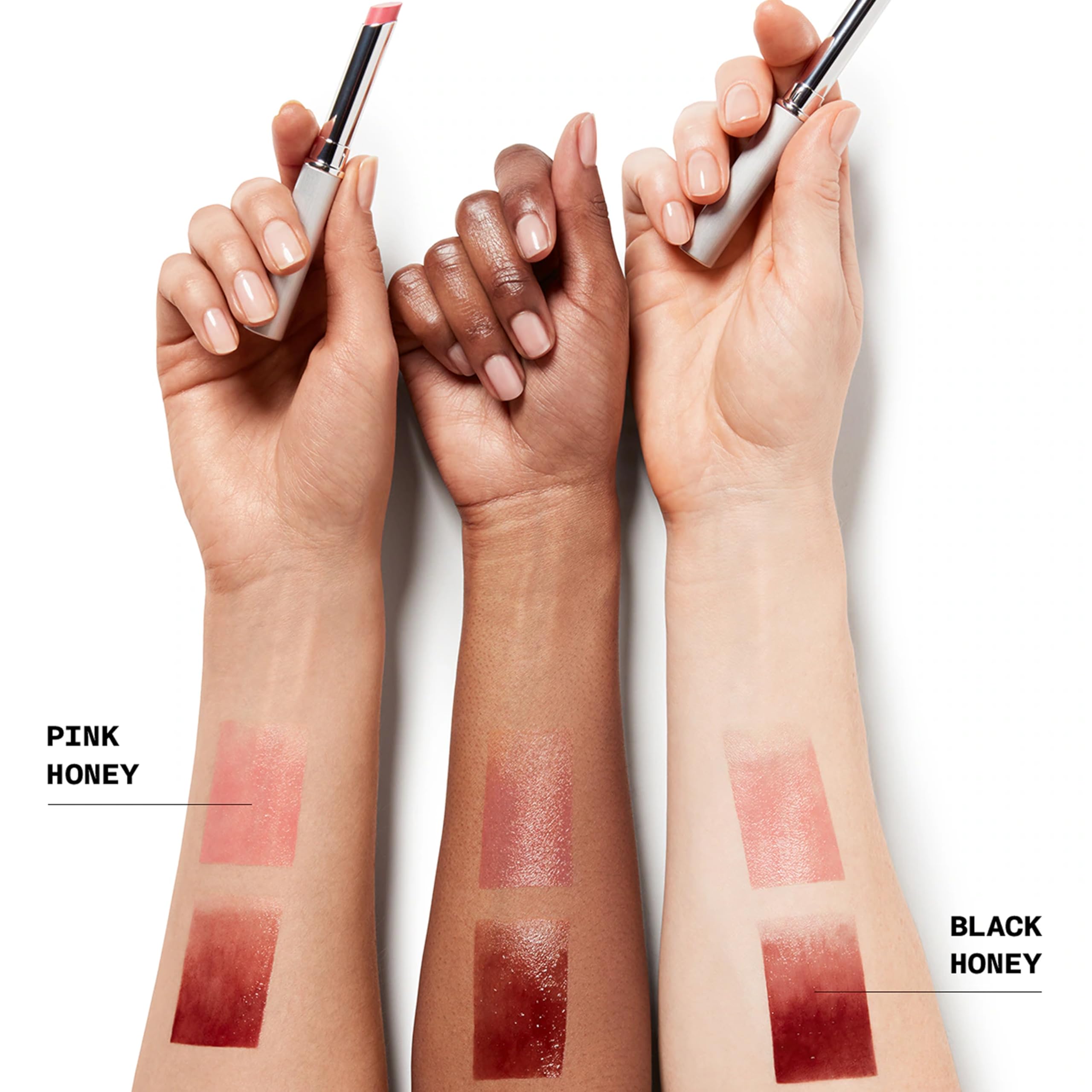 Clinique Almost Lipstick in Iconic Shades: Black Honey, Pink Honey, and Nude 3