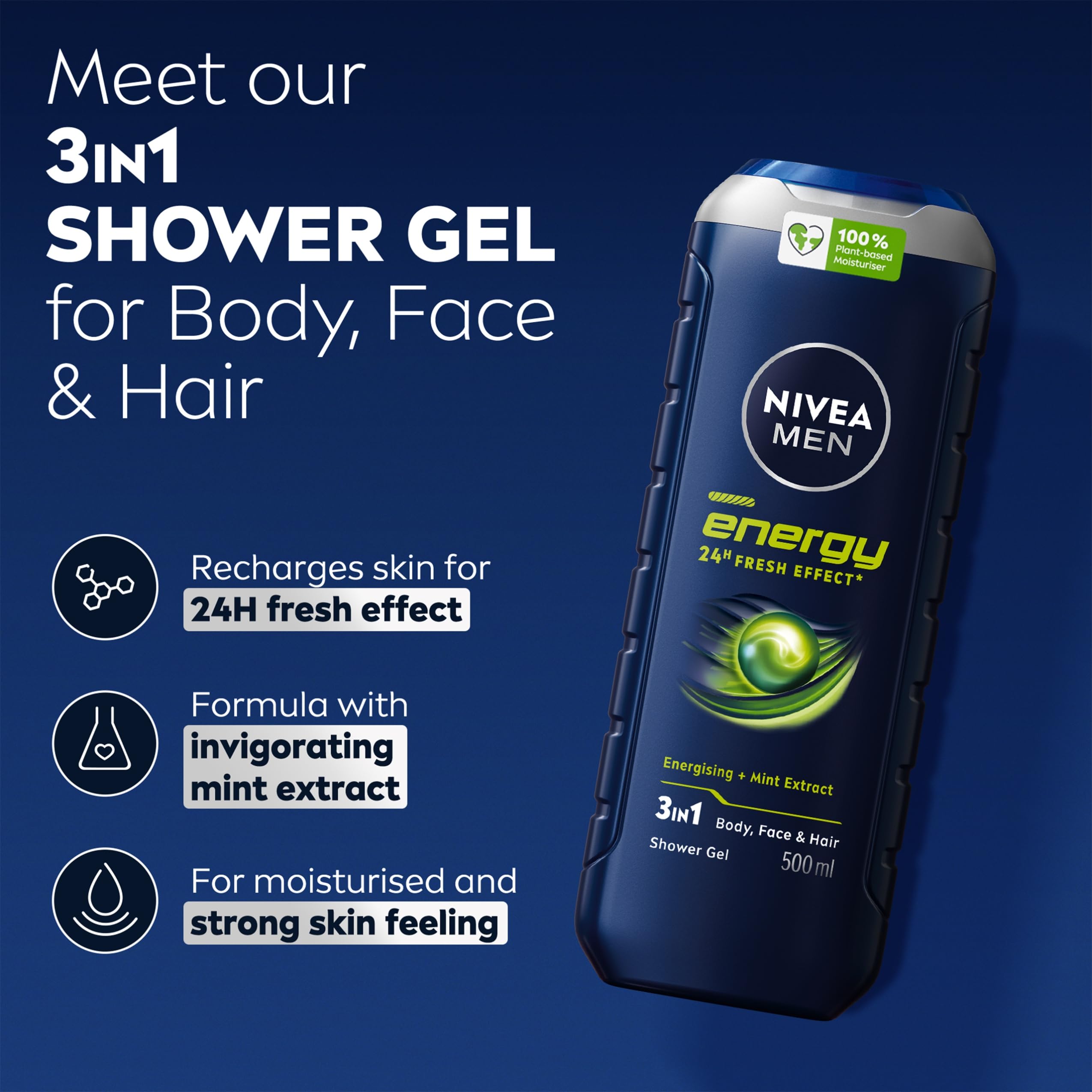 NIVEA MEN Energy Duschgel (500 ml), Feuchtigkeitsspendendes 3-in-1 Duschgel für Männer