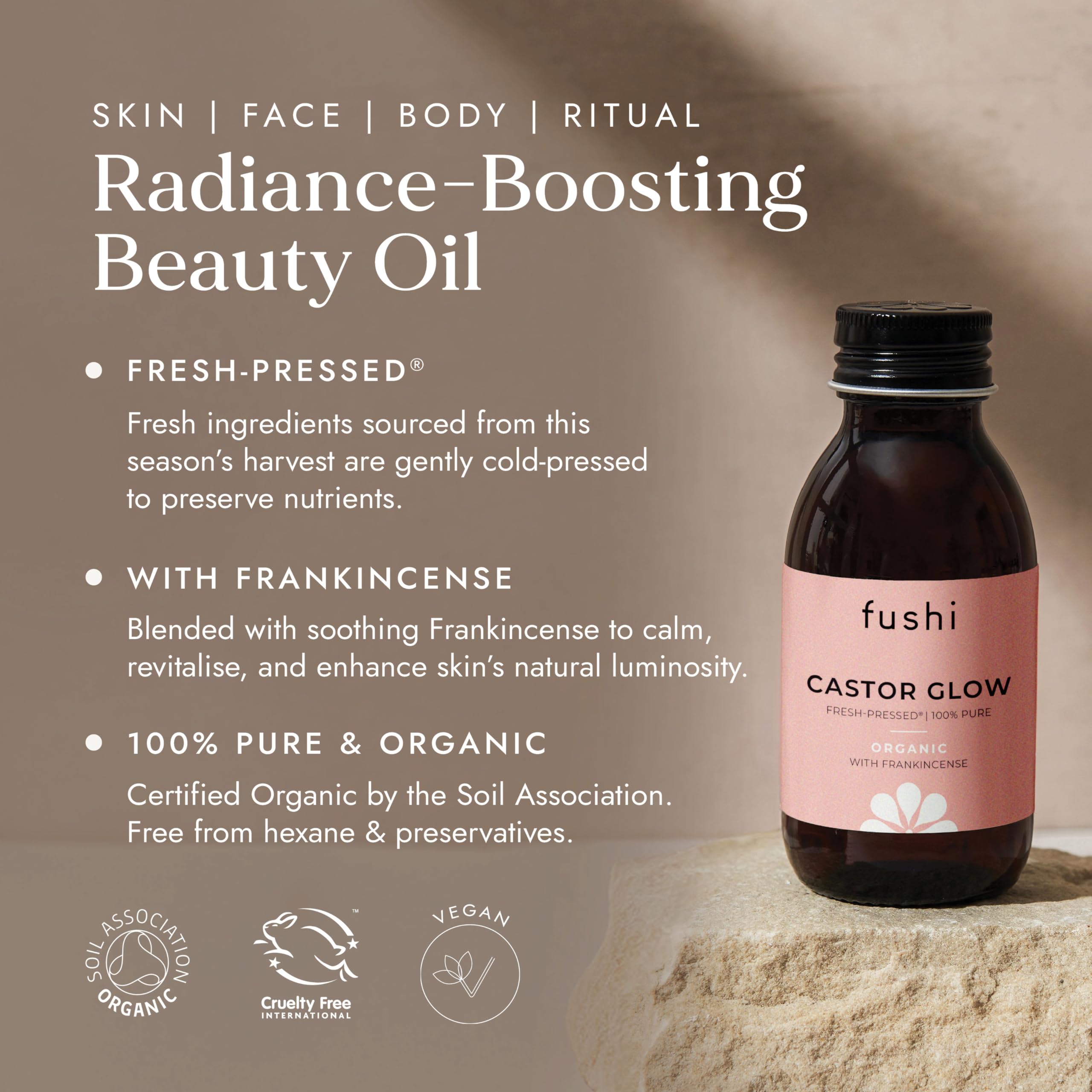 Fushi Bio-Rizinusöl Glow mit Weihrauch – Verjüngt und regeneriert die Haut – Reduziert Hautunreinheiten und -makel – 100 % rein, kaltgepresst und frisch – 100 ml