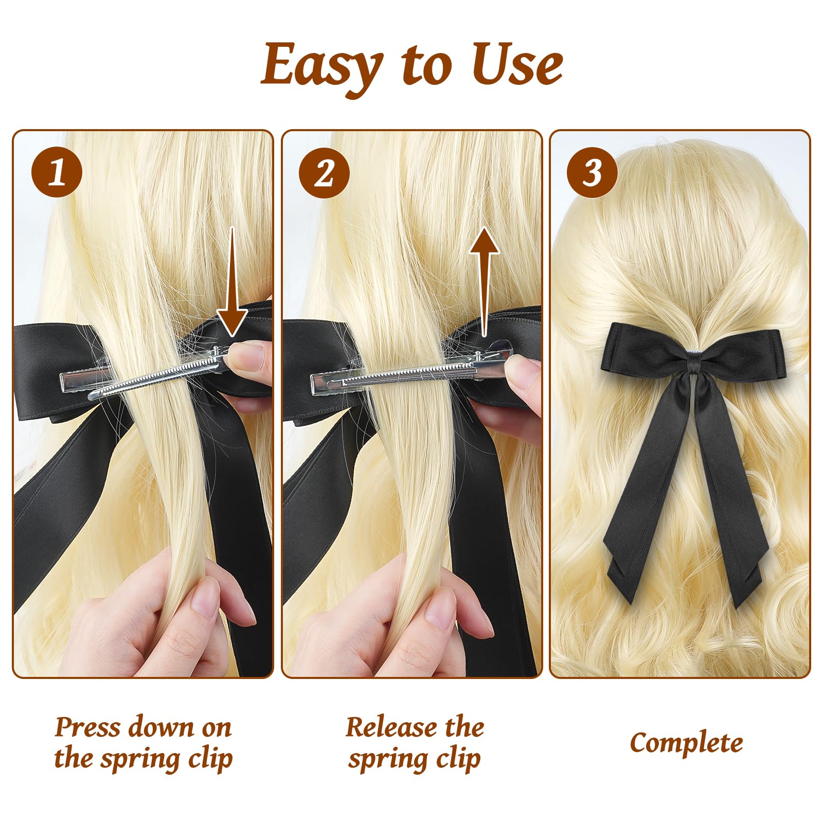 MOXYOY 2PCS Black Silky Satin Bow Hair Clips with Long Ribbon for Girls and Women 5