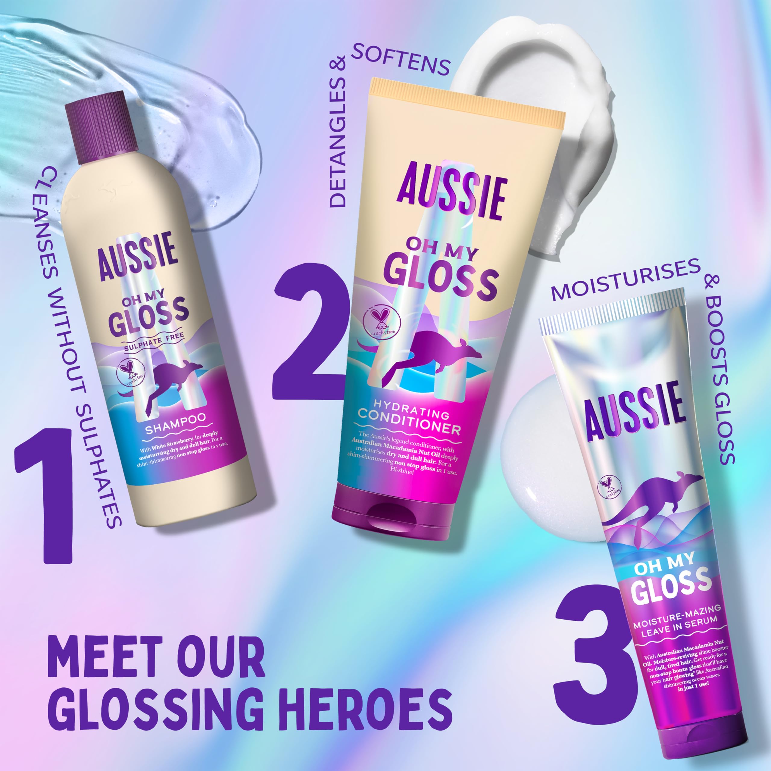 Aussie Oh My Gloss Shampoo, Conditioner & Leave-In Serum Set for Moisture & Shine 3