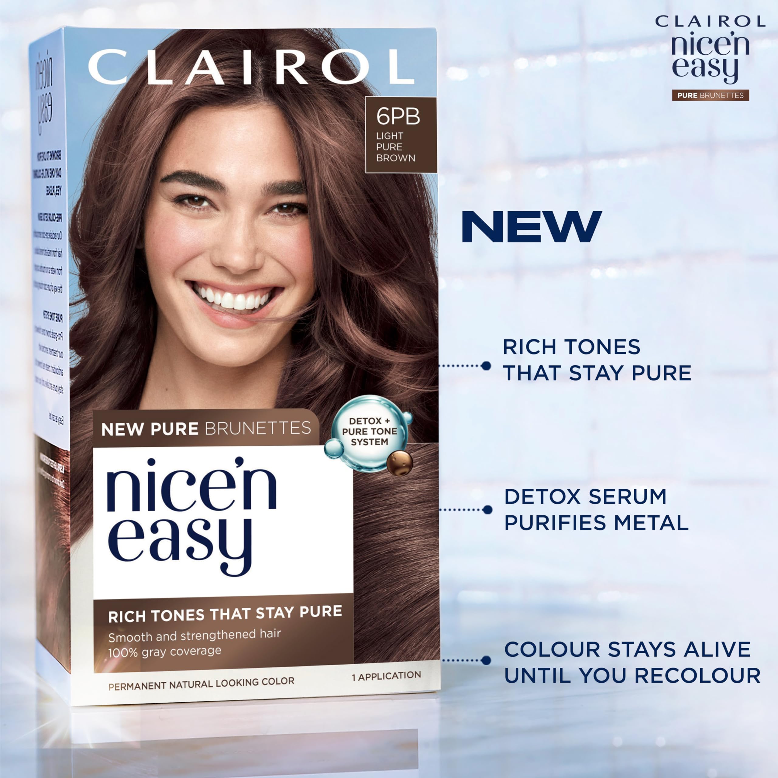 Clairol Nice n' Easy Pure Brunettes Haarfarbe | Reine und satte Brauntöne | Geschmeidige, natürliche Haarfarbe | Mit Vorfärbeserum | 100 % Grauabdeckung | 6,5PB Hellstes Lattebraun | Permanente Haarfarbe 5