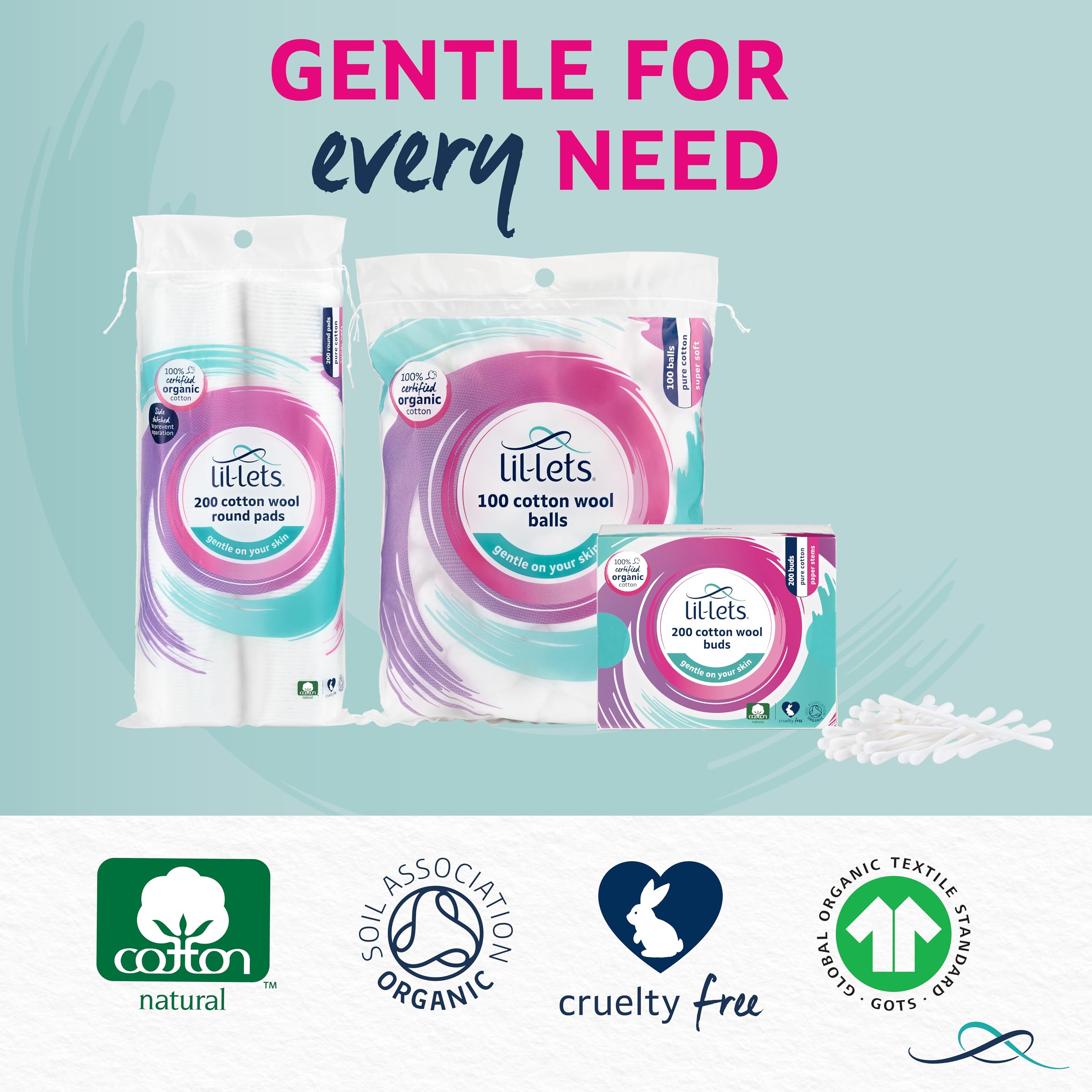 Lil-Lets Cotton Wool Buds with Certified Organic 100% Pure Cotton Tips, Plastic Free 6