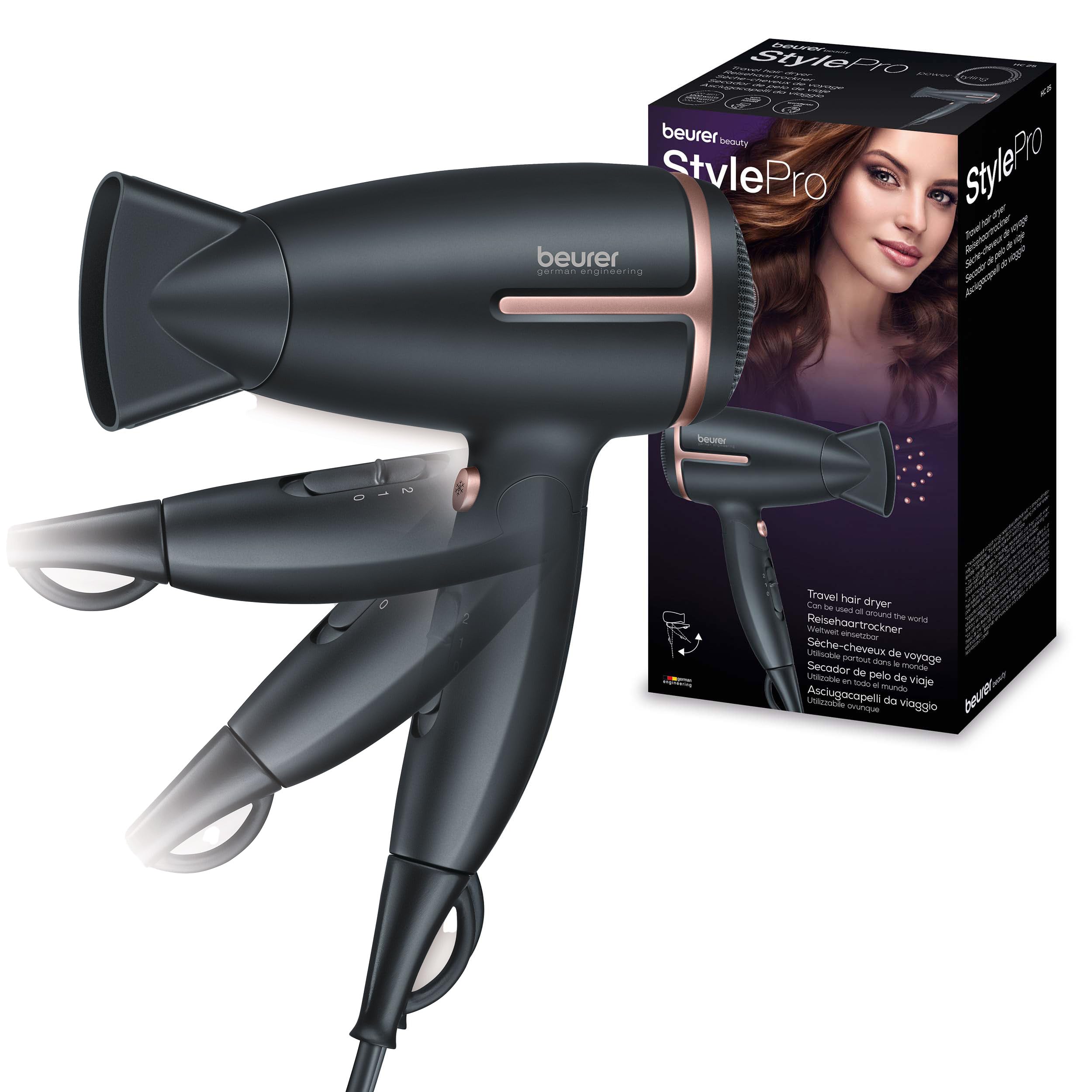 Beurer HC 25 Travel Hair Dryer 1600W with Ion Function, Foldable, Dual Voltage