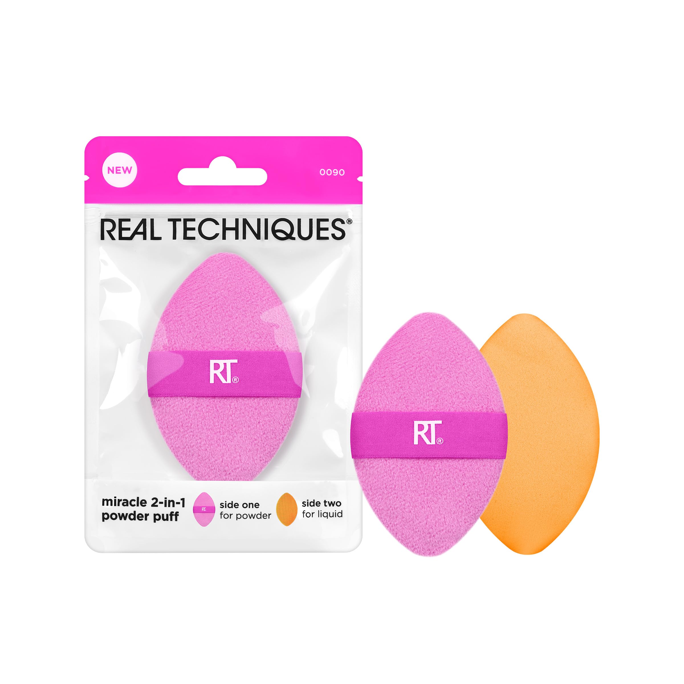 Real Techniques Miracle 2-in-1 Puderquaste, doppelseitig, in Originalgröße, mit wendbarem Gummiband, Präzisionsspitze, für flüssige, cremige und pudrige Produkte, 1 Stück