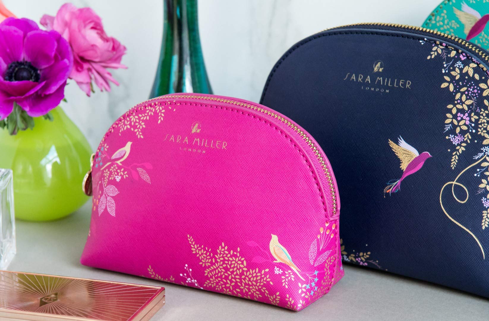 Sara Miller London Chelsea Small Cosmetic Bag - Pink with Golden Leaves & Exotic Birds 8