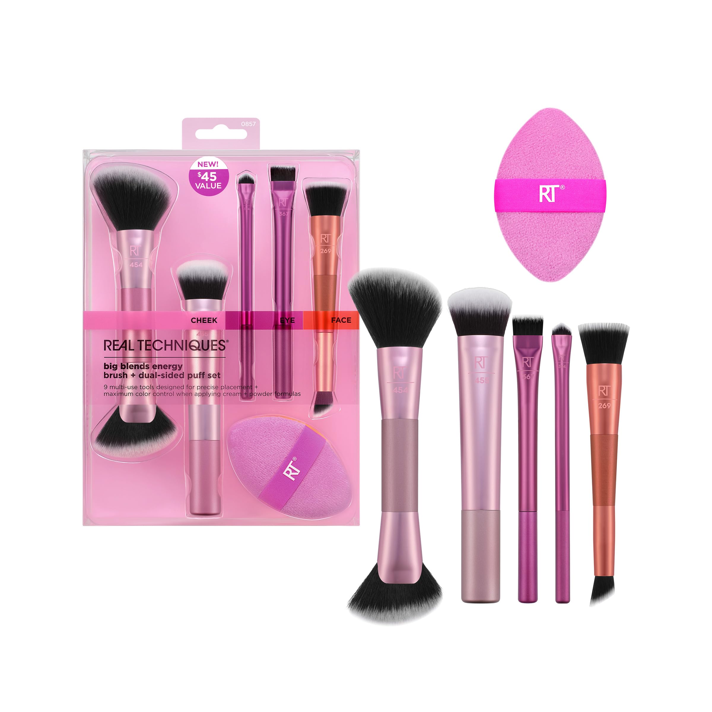 Real Techniques Big Blends Energy Brush + Dual-Sided Puff 6 Piece Makeup Kit