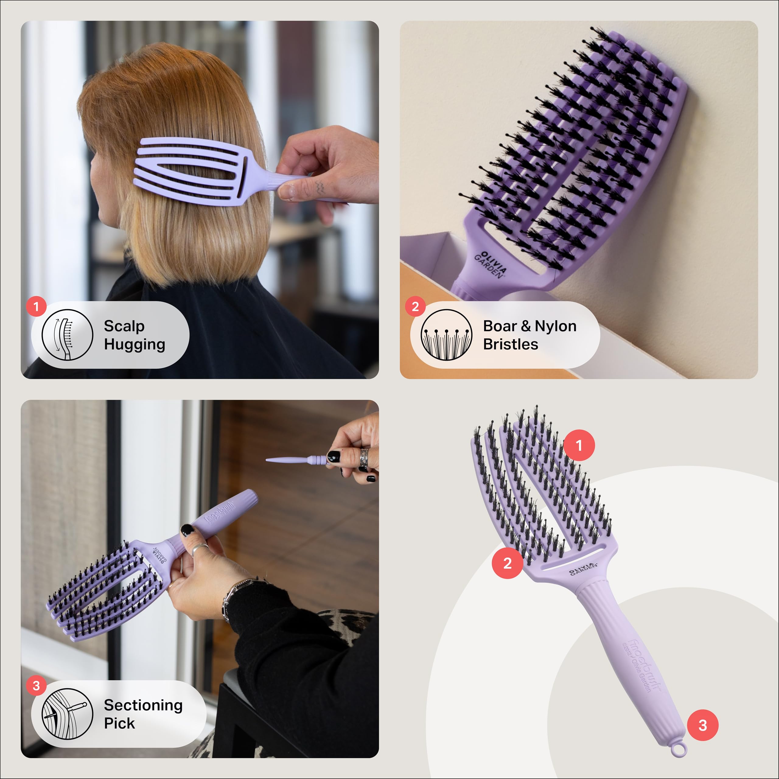 Olivia Garden Fingerbrush Care Iconic Medium Hairbrush - Lavender with Boar & Nylon Bristles for Shine 4