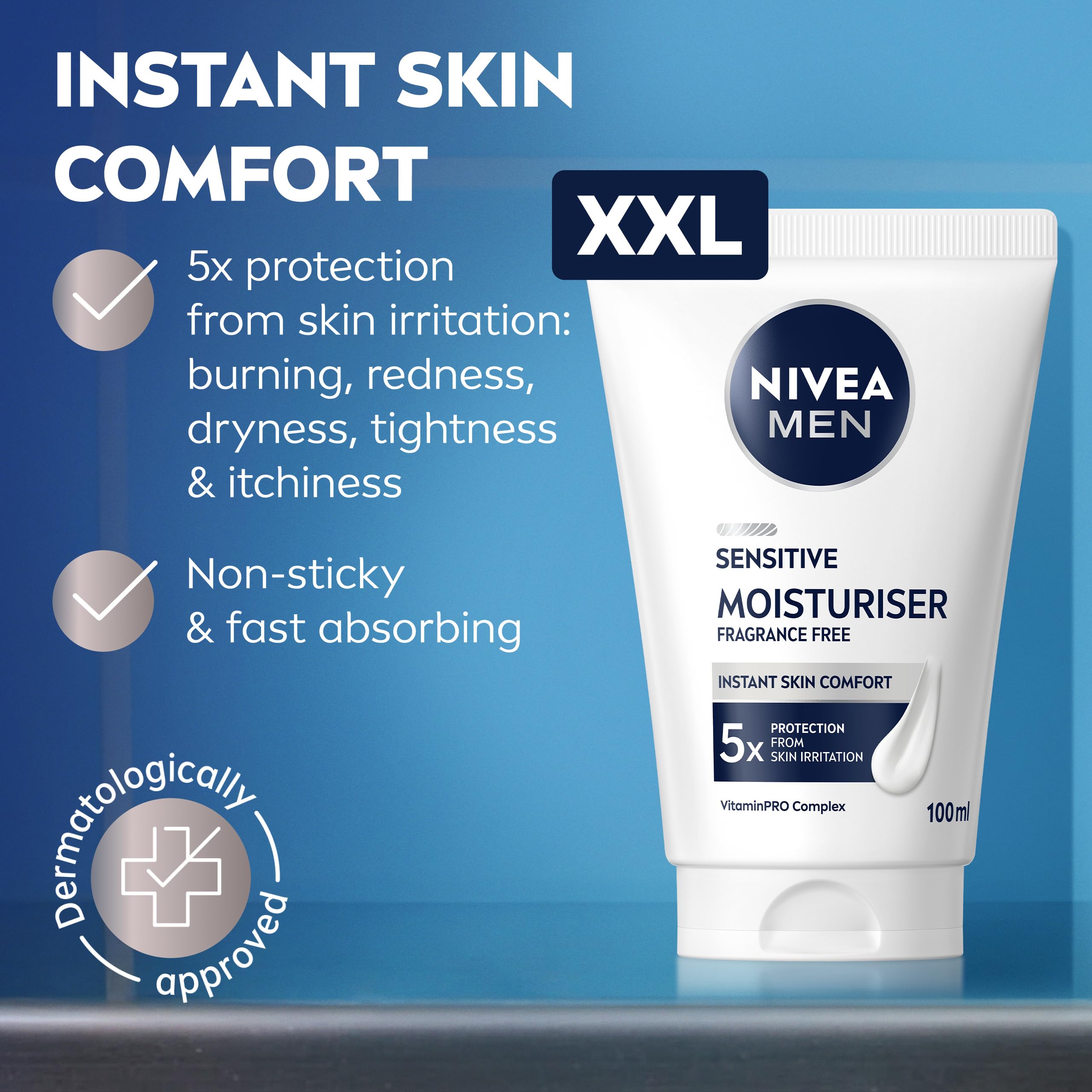 NIVEA MEN Sensitive Facial Moisturiser XXL 100ml - 24H Hydration for Sensitive Skin