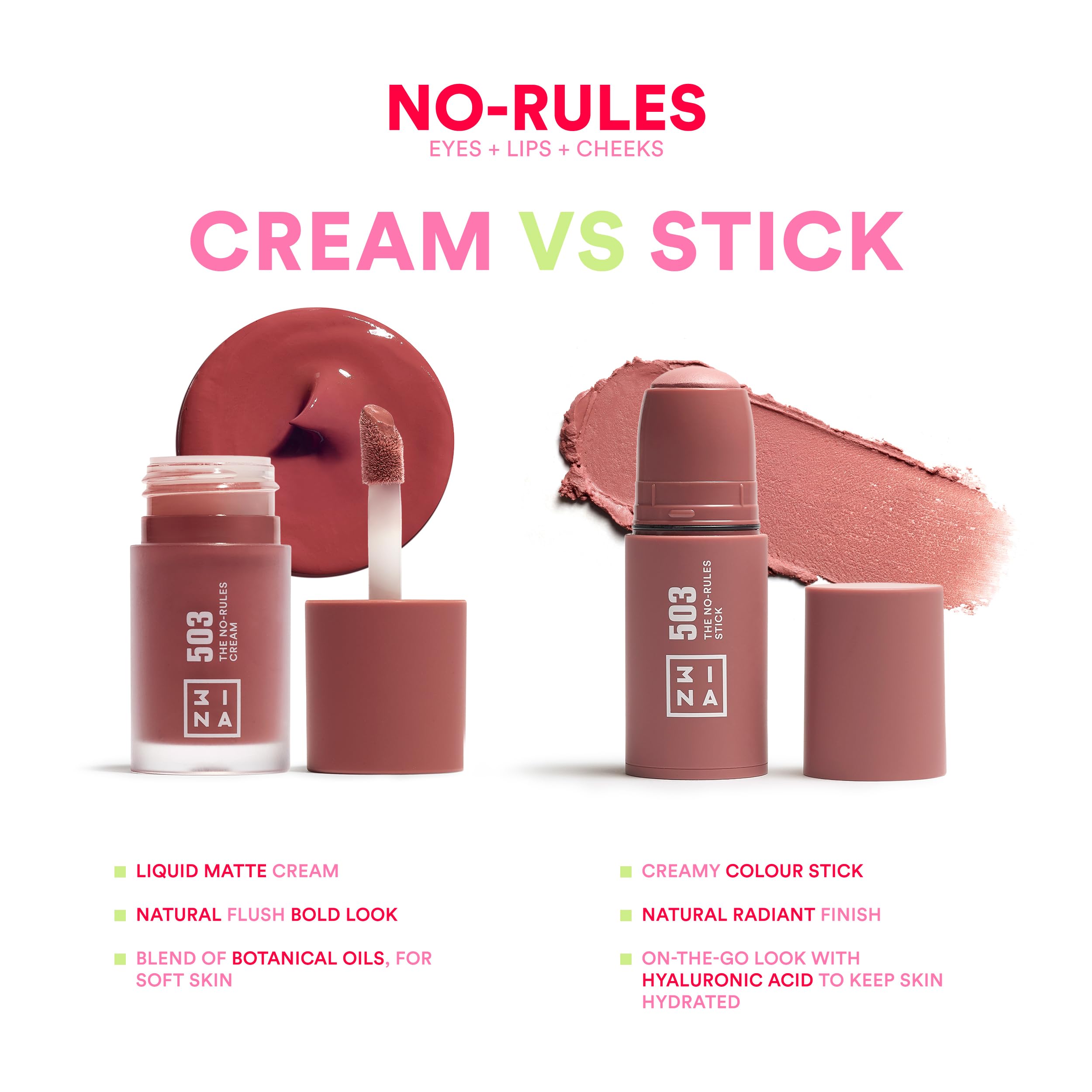 3INA The No-Rules Stick 503 Nude Blush Matte Cream for Eyes, Lips & Cheeks with Hyaluronic Acid 5