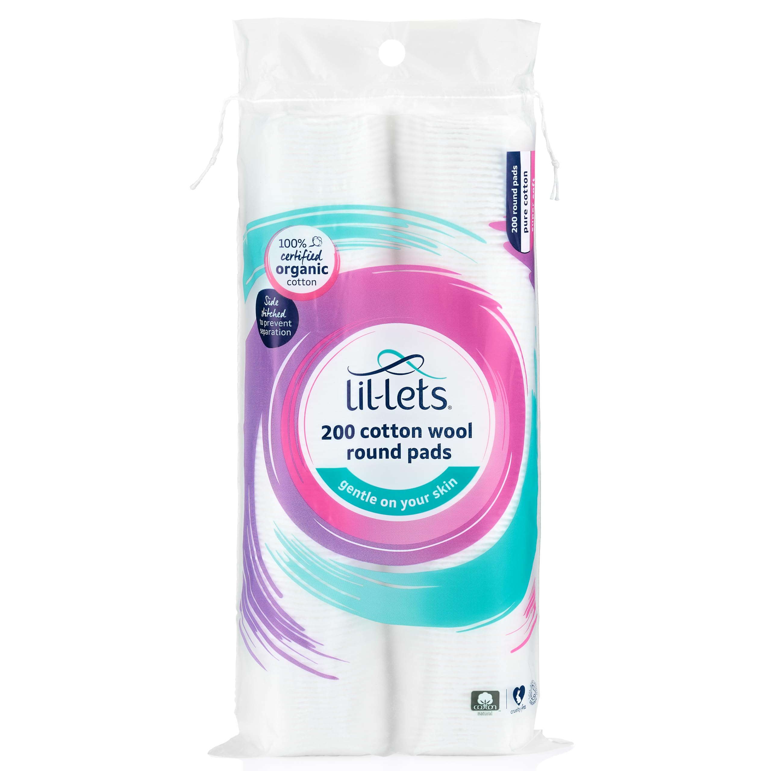 Lil-Lets Certified Organic Cotton Wool Round Pads, 200 Count, 100% Pure Cotton