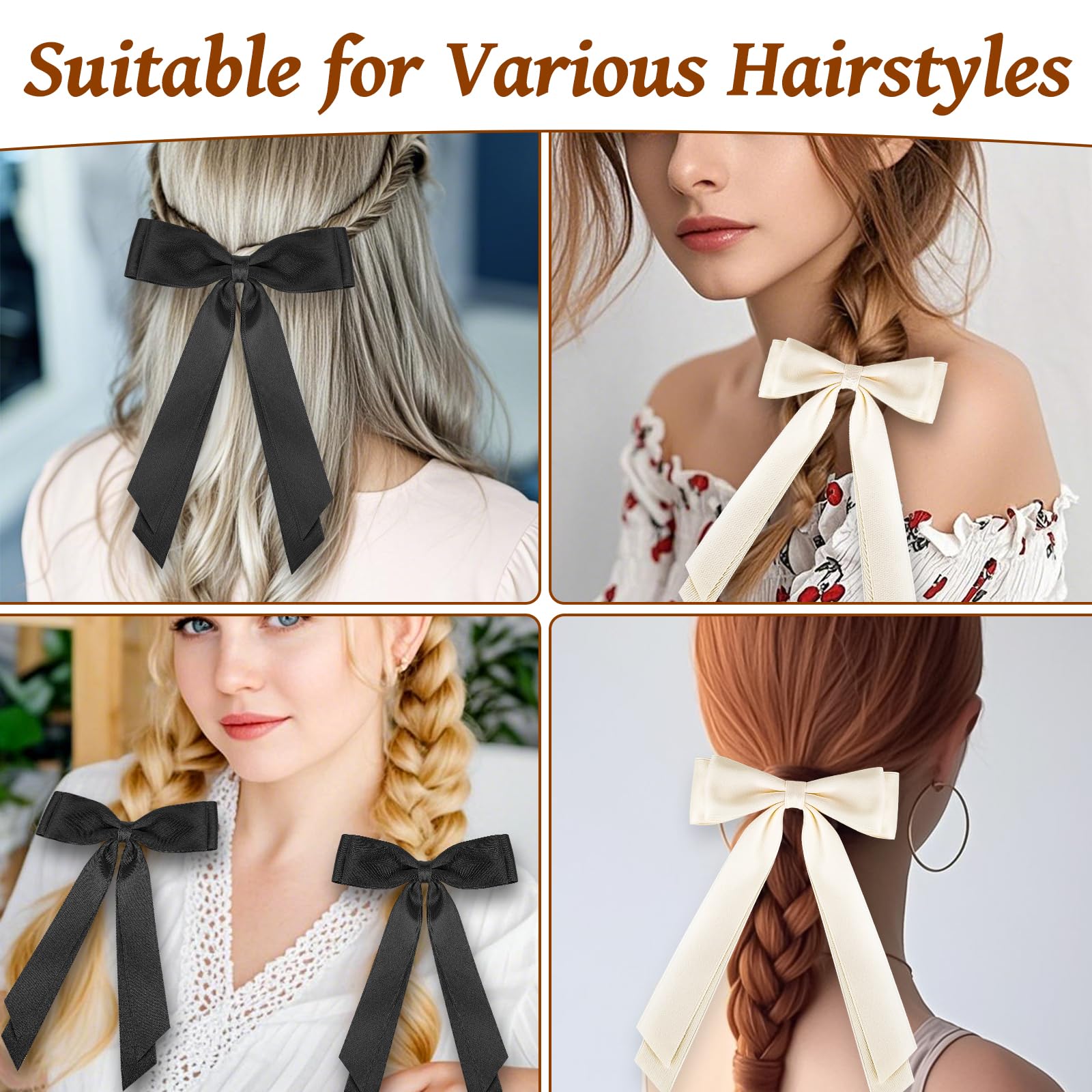 MOXYOY 2PCS Silky Satin Bow Hair Clip Set with Long Ribbon for Girls and Women (Black + Milky White) 4