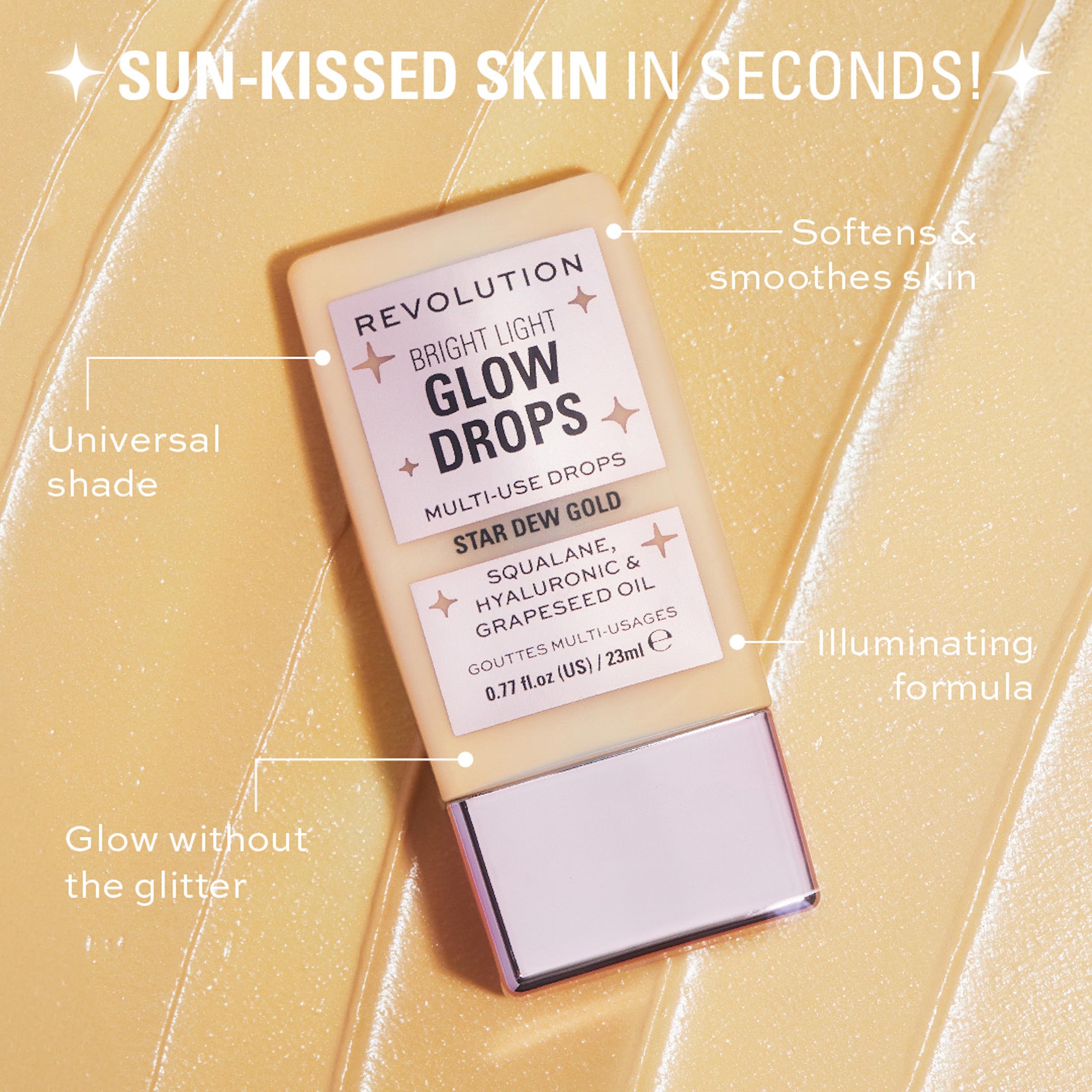 Makeup Revolution Bright Light Glow Highlighter Drops in Golden Star Dew, Illuminating Finish, 23ml