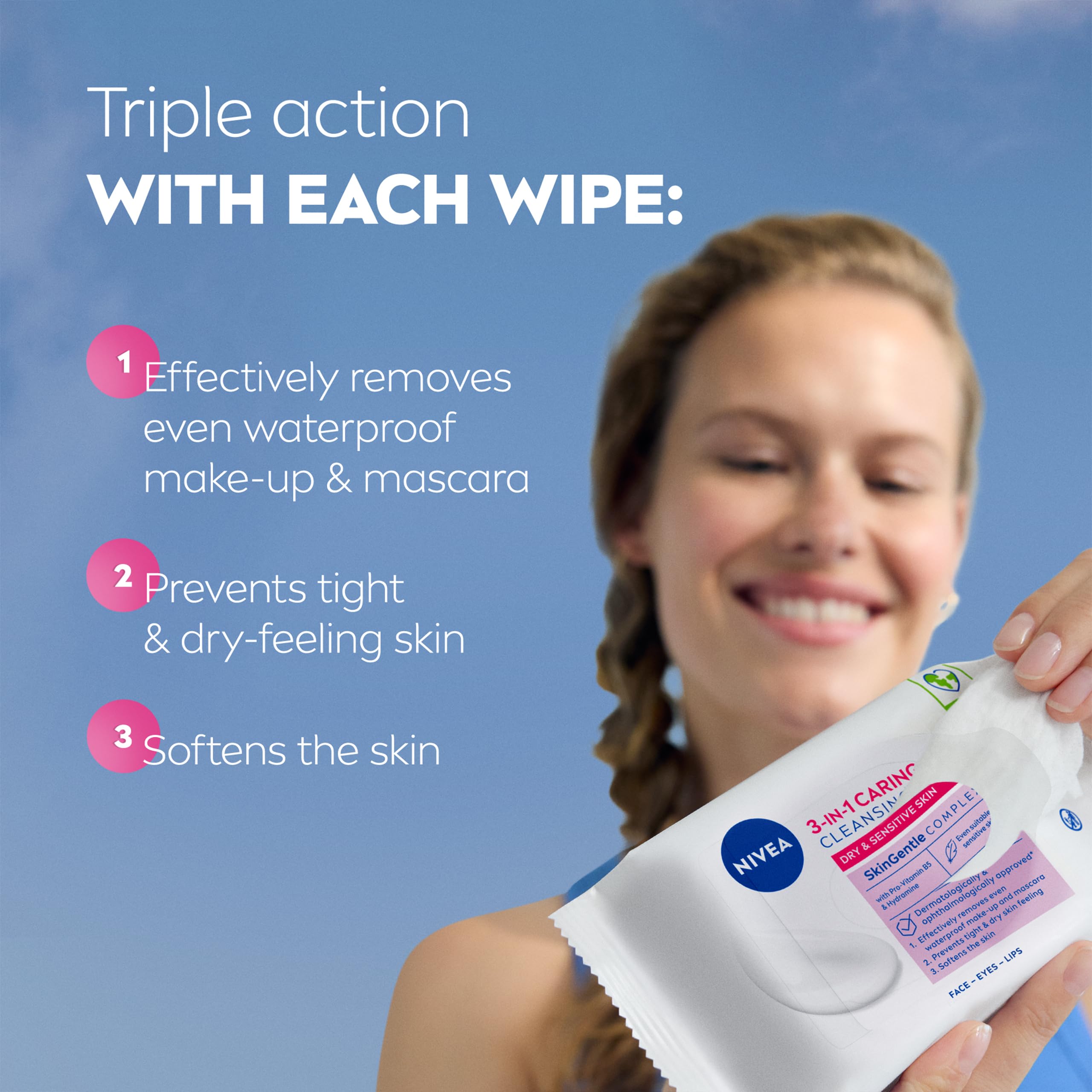 NIVEA 3in1 Caring Cleansing Wipes for Dry Skin with Pro-Vitamin B5 (40 Count)