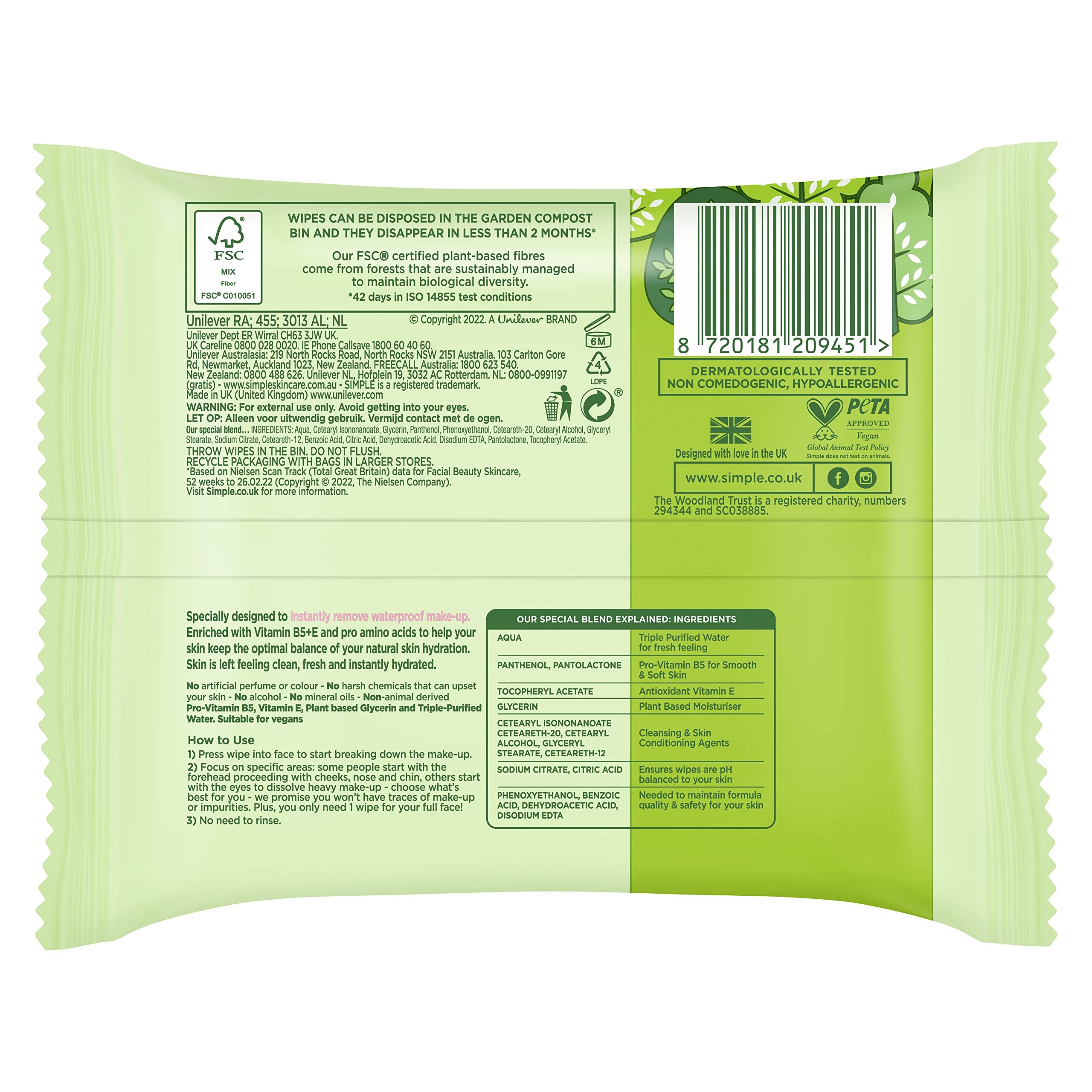 Simple Kind to Skin Biodegradable Cleansing Wipes for Sensitive Skin