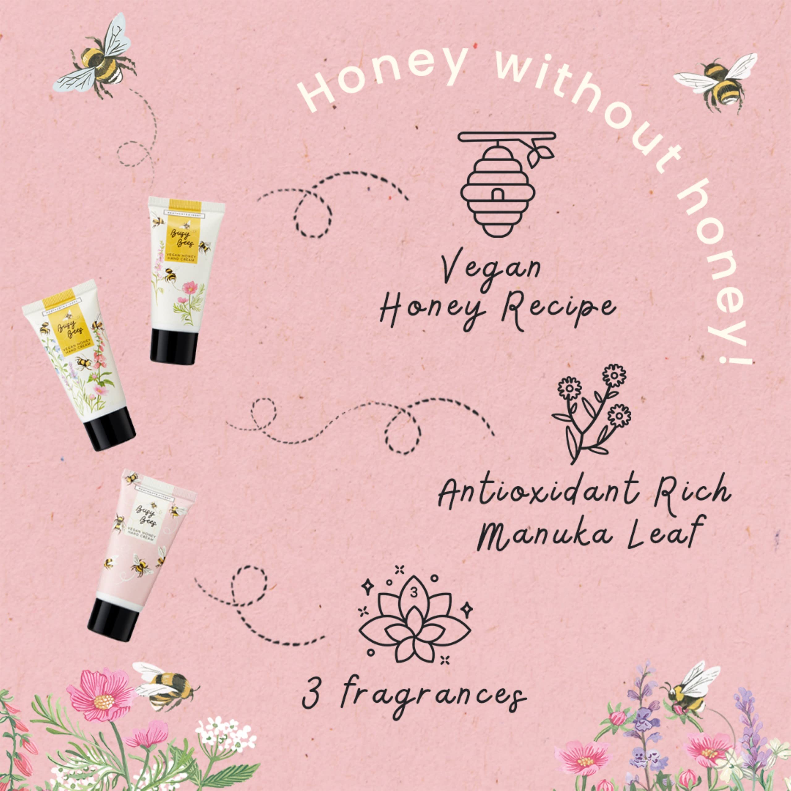 Heathcote &amp; Ivory Handcreme, 3 x 30 ml, veganer Honig, 3 Duftrichtungen, Reisegröße, tierversuchsfrei, ideal für Kulturbeutel und Kosmetiktasche, Beauty-Geschenk für Sie, Busy Bees Kollektion 4