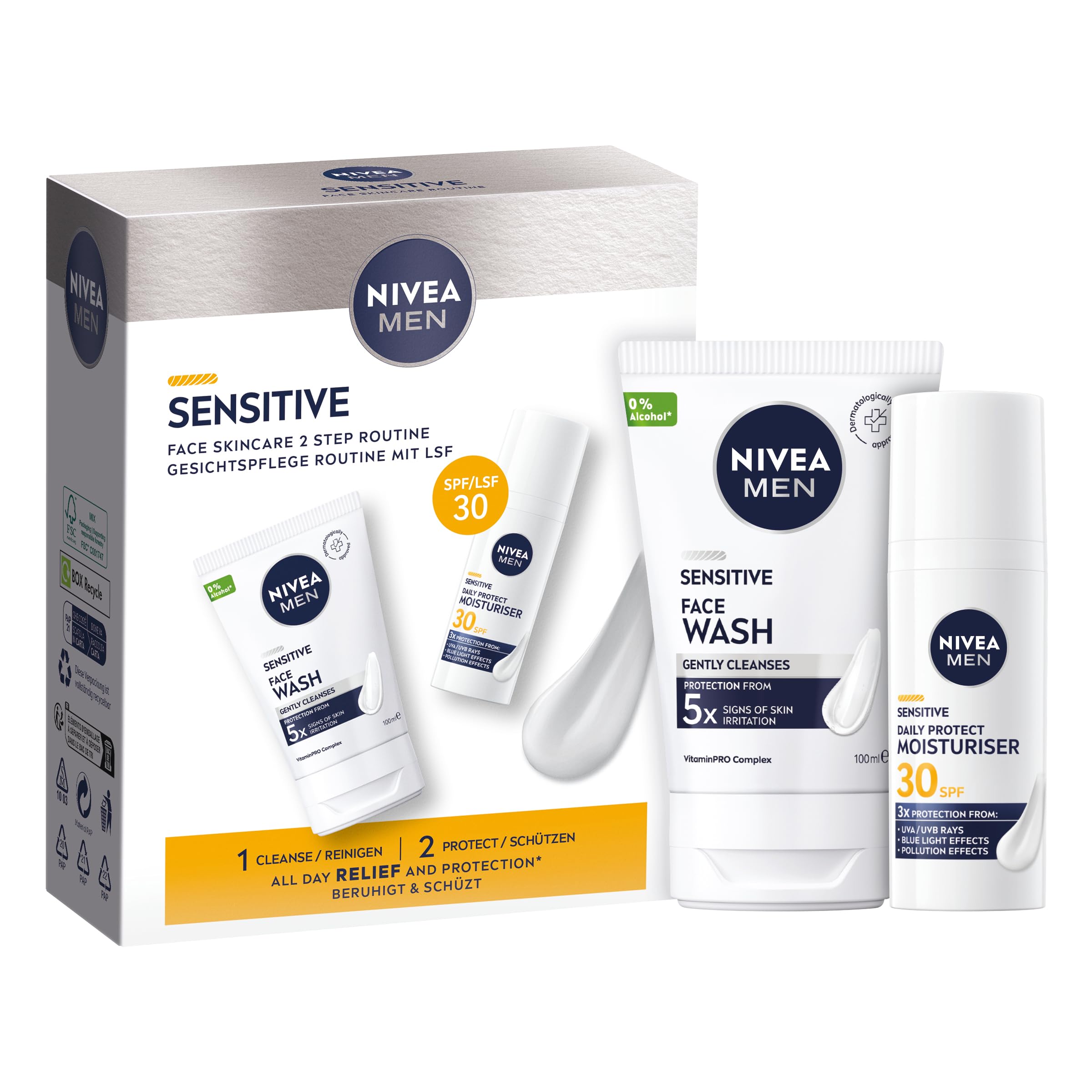 NIVEA MEN Sensitive Face Skincare Gift Pack with SPF30 Moisturiser and Face Wash