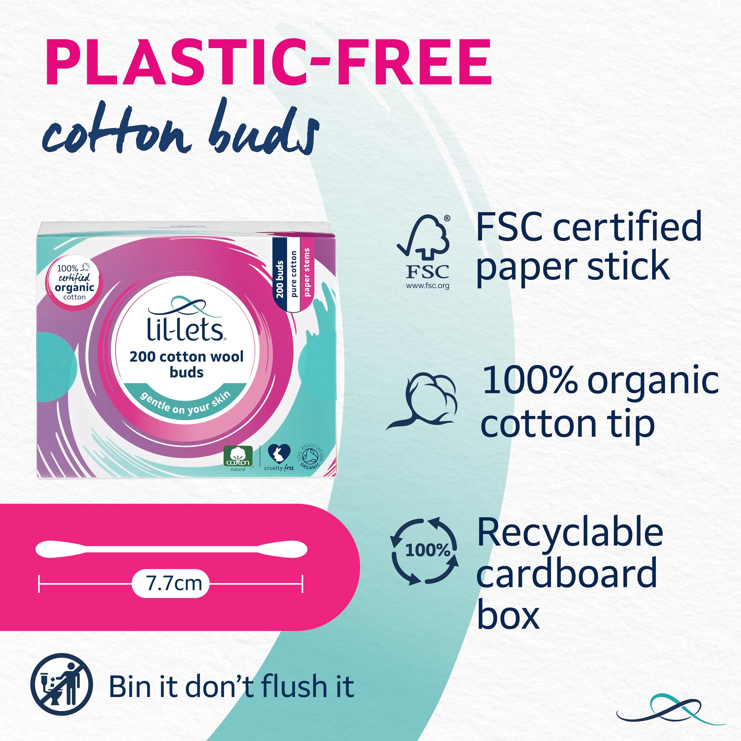 Lil-Lets Cotton Wool Buds with Certified Organic 100% Pure Cotton Tips, Plastic Free 5