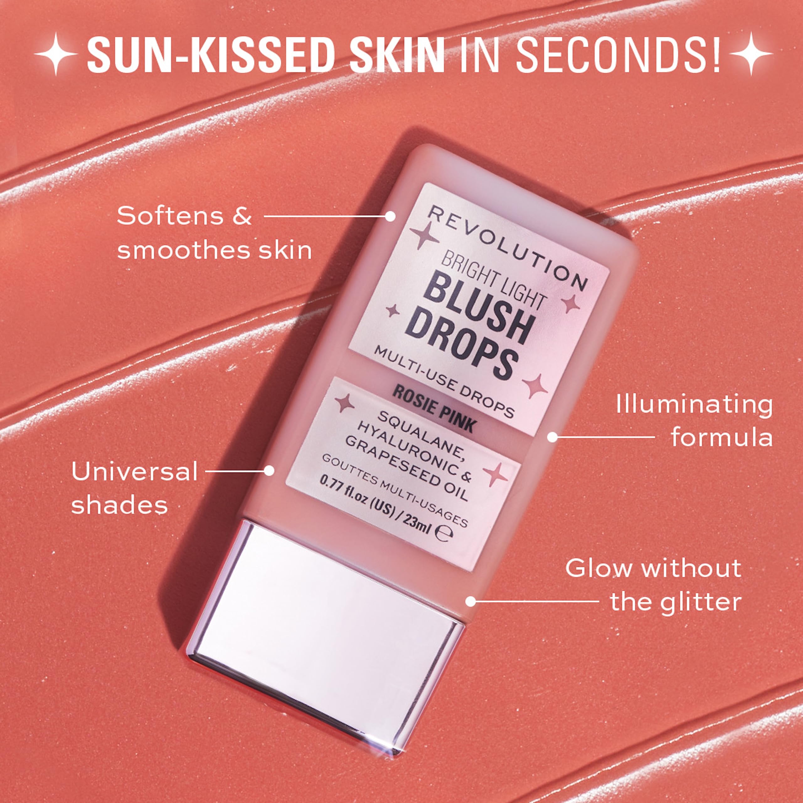 Makeup Revolution Bright Light Blush Drops with Hyaluronic Acid, Pink Rosie, 23ml