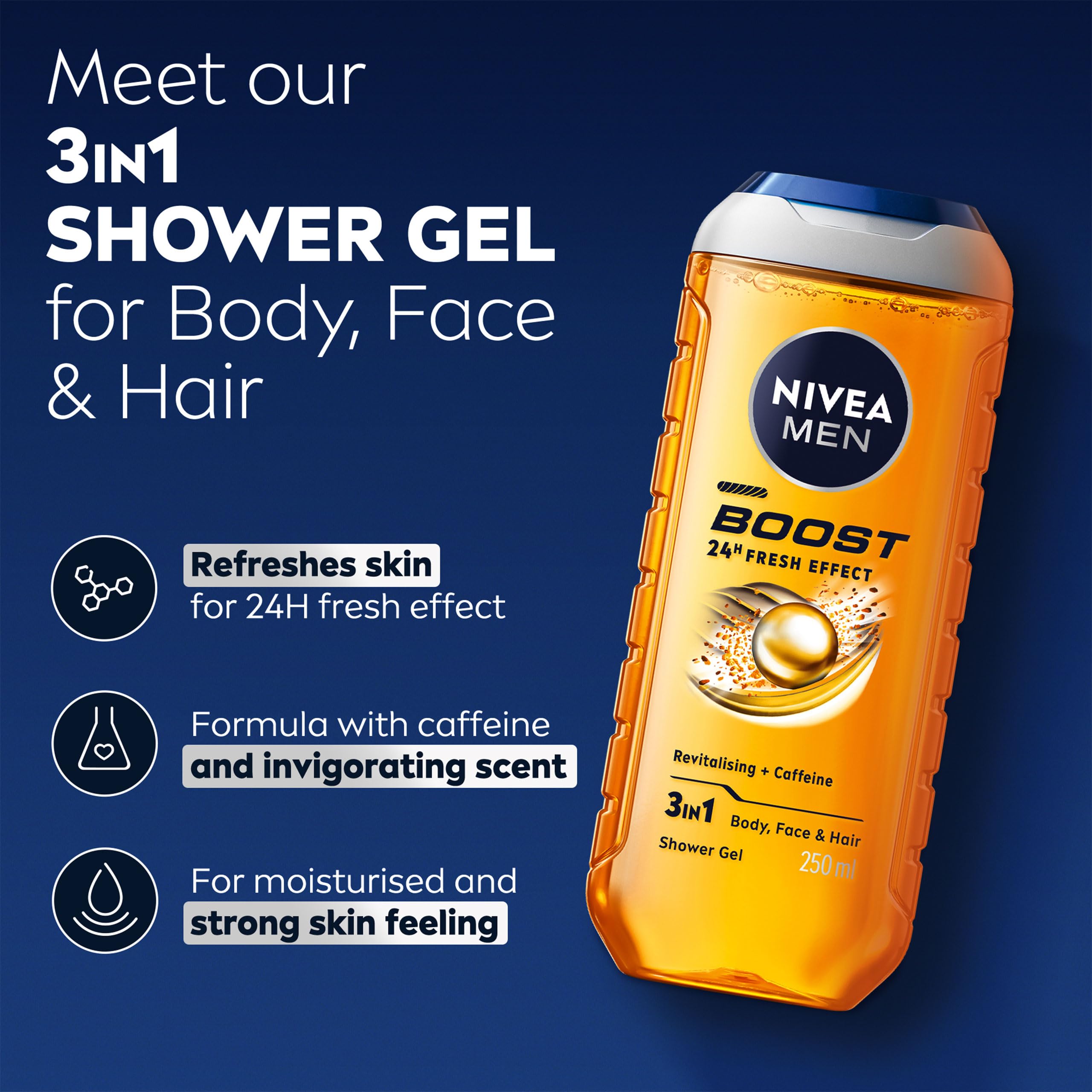 NIVEA MEN BOOST Duschgel (250 ml), Feuchtigkeitsspendendes 3-in-1 Duschgel für Männer mit natürlichem Koffein, revitalisierendes NIVEA MEN Duschgel