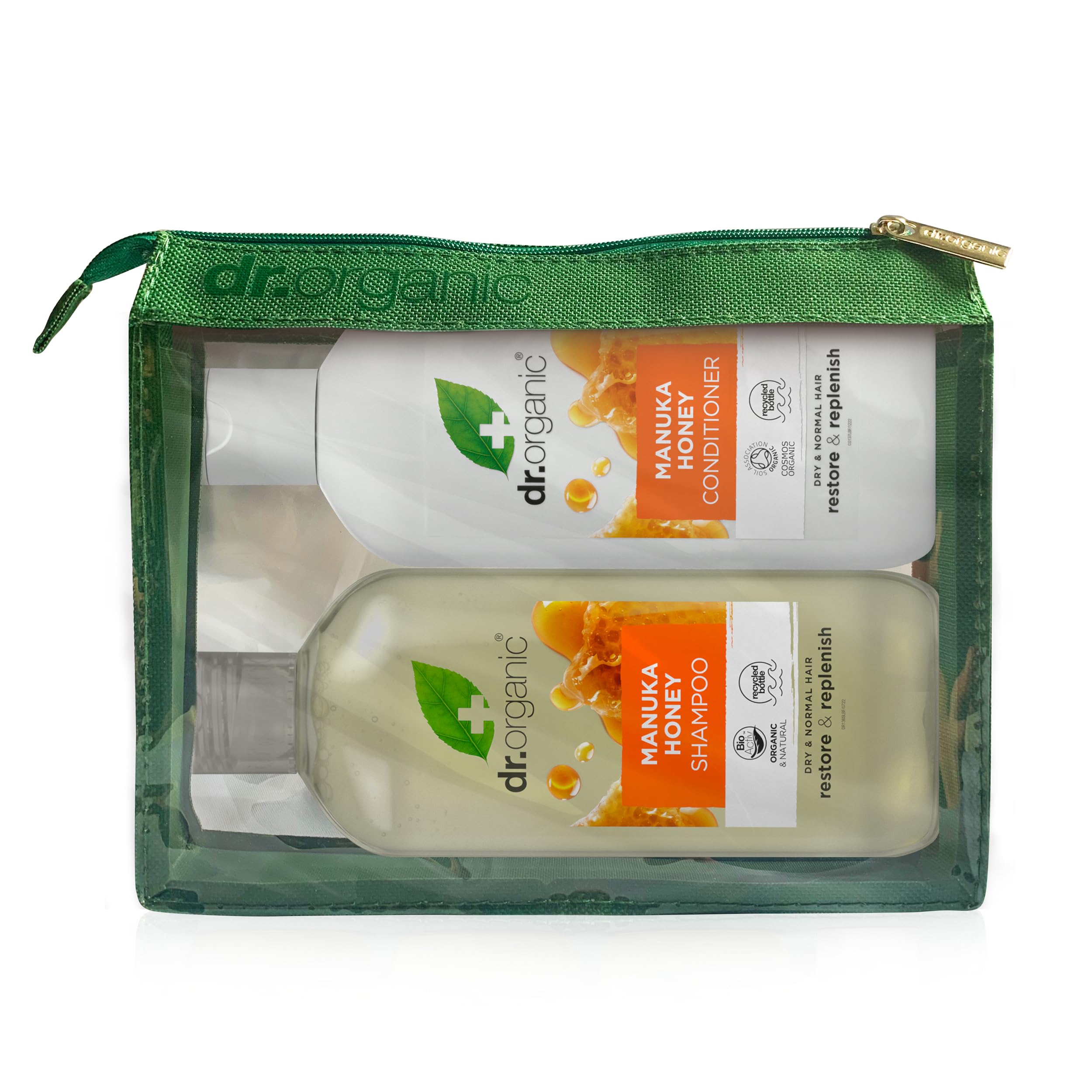 Dr. Organic Manuka Honey Shampoo & Conditioner Set with Travel Bag for Dry Hair