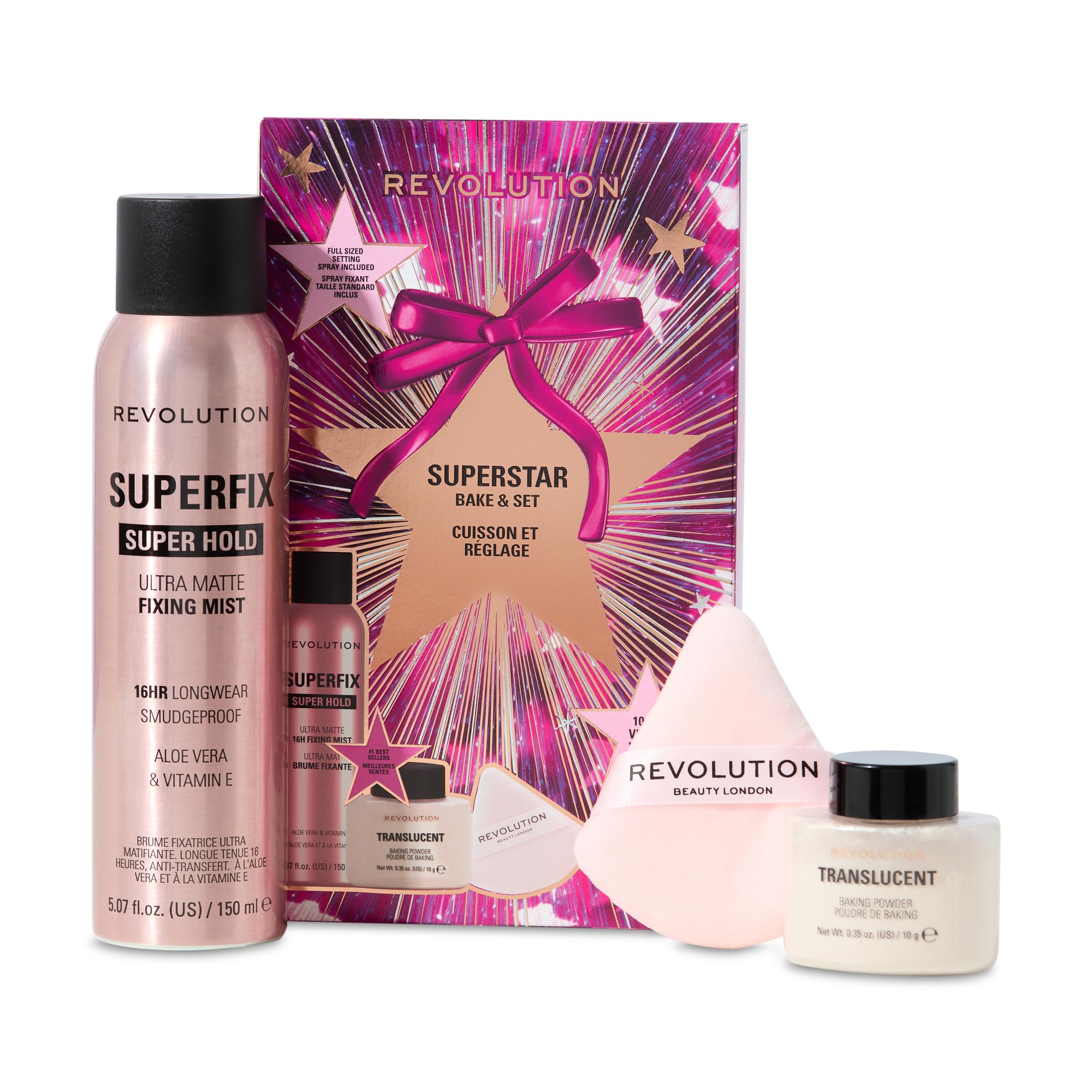 Revolution Superstar Bake & Set Duo: Fixing Spray, Translucent Loose Powder & Puff
