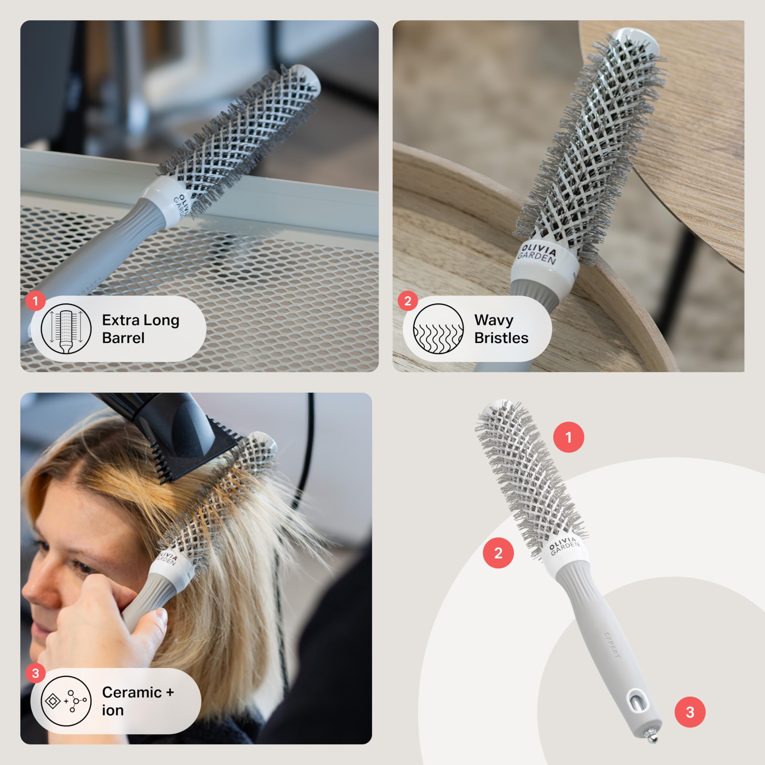 Olivia Garden Expert Blowout Speed Ceramic Coated Round Brush - White & Grey - Extra Long Barrel 4