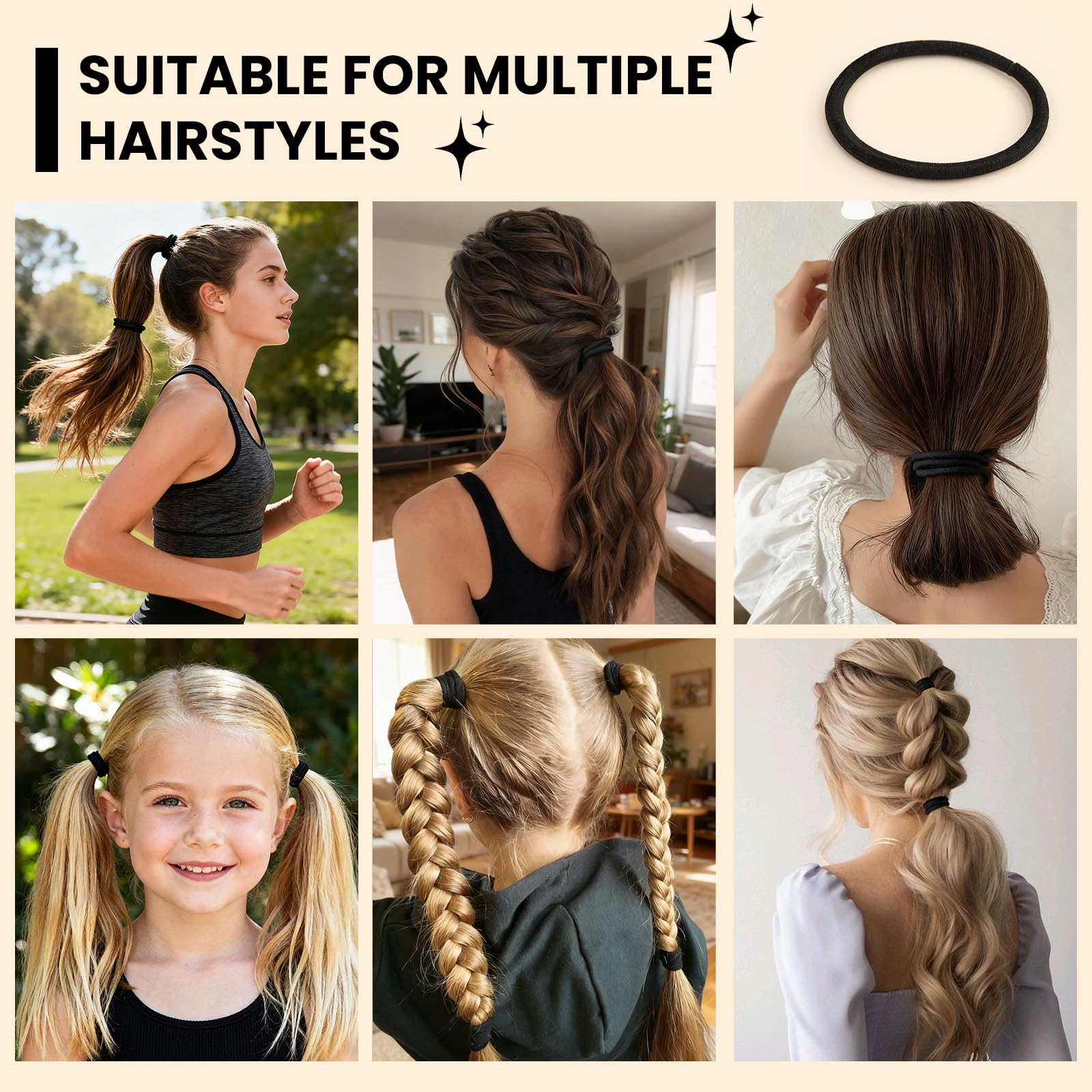 50 schwarze Haargummis, 4 mm dicke, weiche, elastische Haarbänder, Meta 7