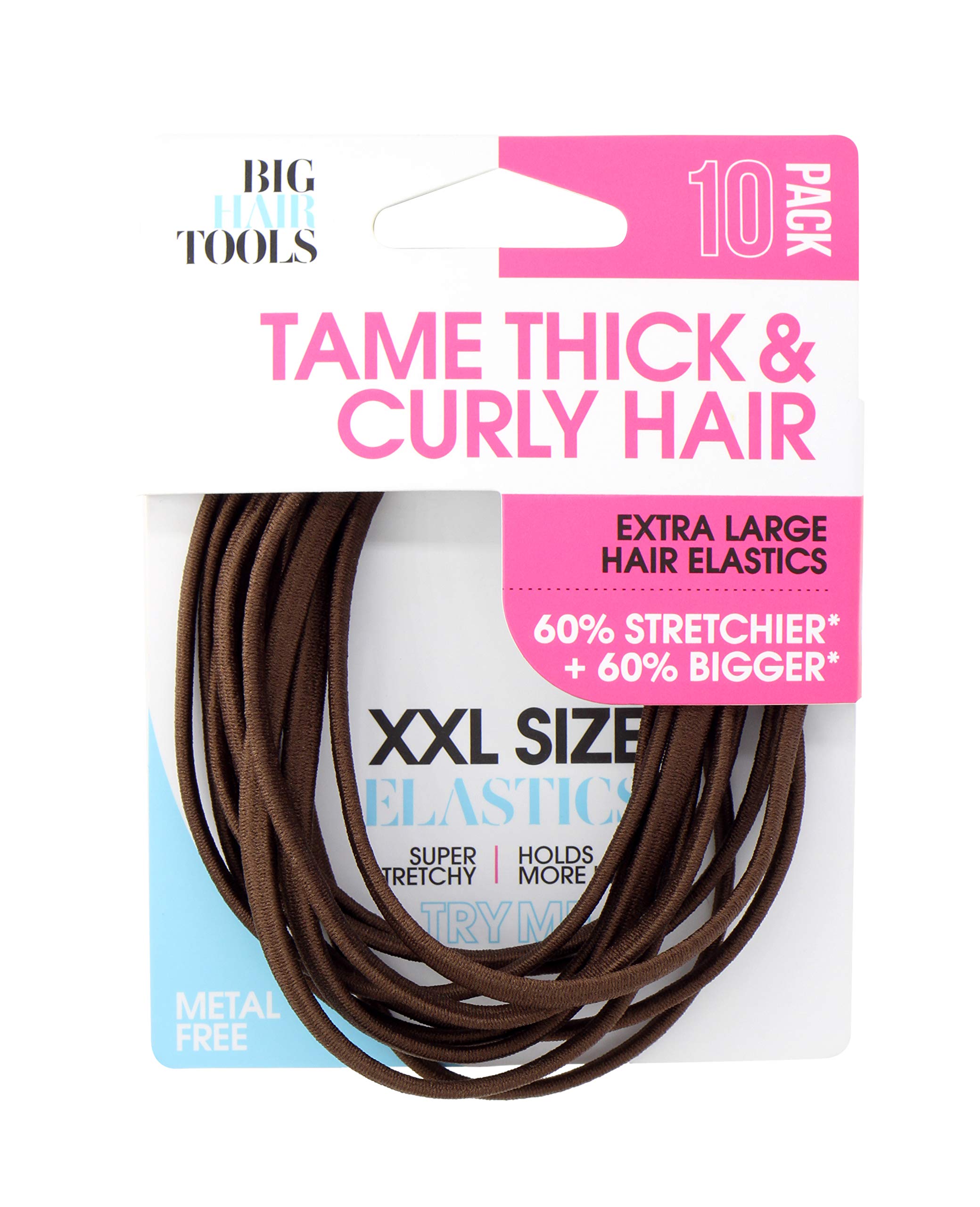 Big Hair Tools XXL Elastics Flat Pack, Brown - 10 Count for Thick, Long, Curly Hair